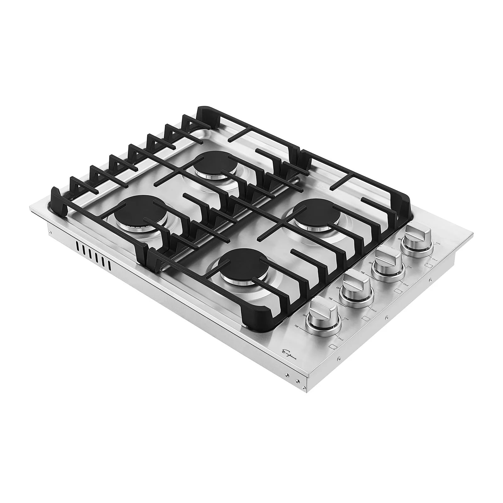Stainless steel gas cooktop with four black grates and burner caps; silver control knobs