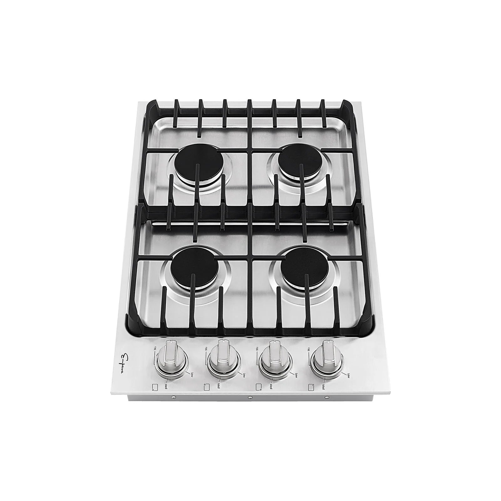 Stainless steel gas cooktop grate with four black burner caps and front knob controls