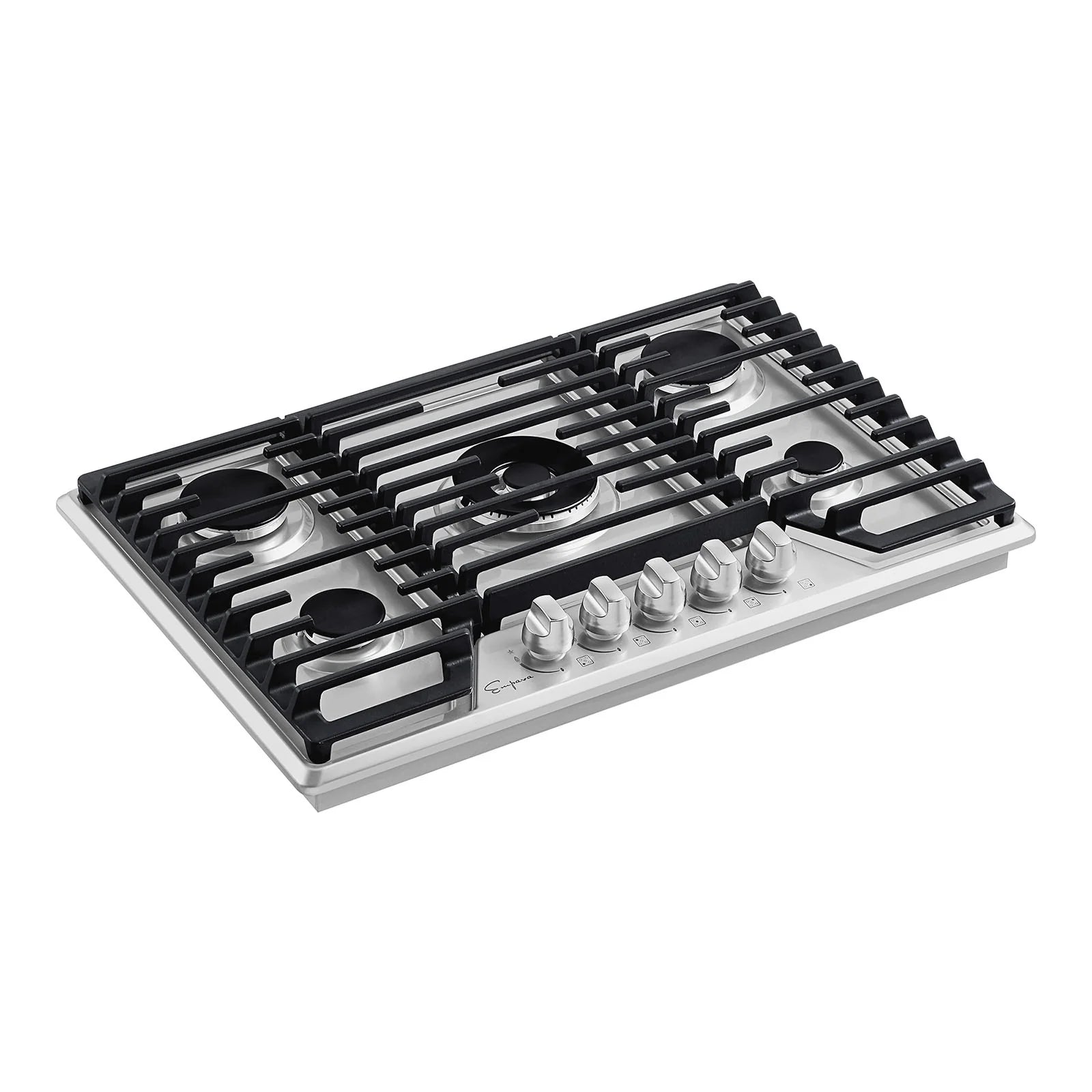 Stainless steel gas cooktop with black grates and four front control knobs