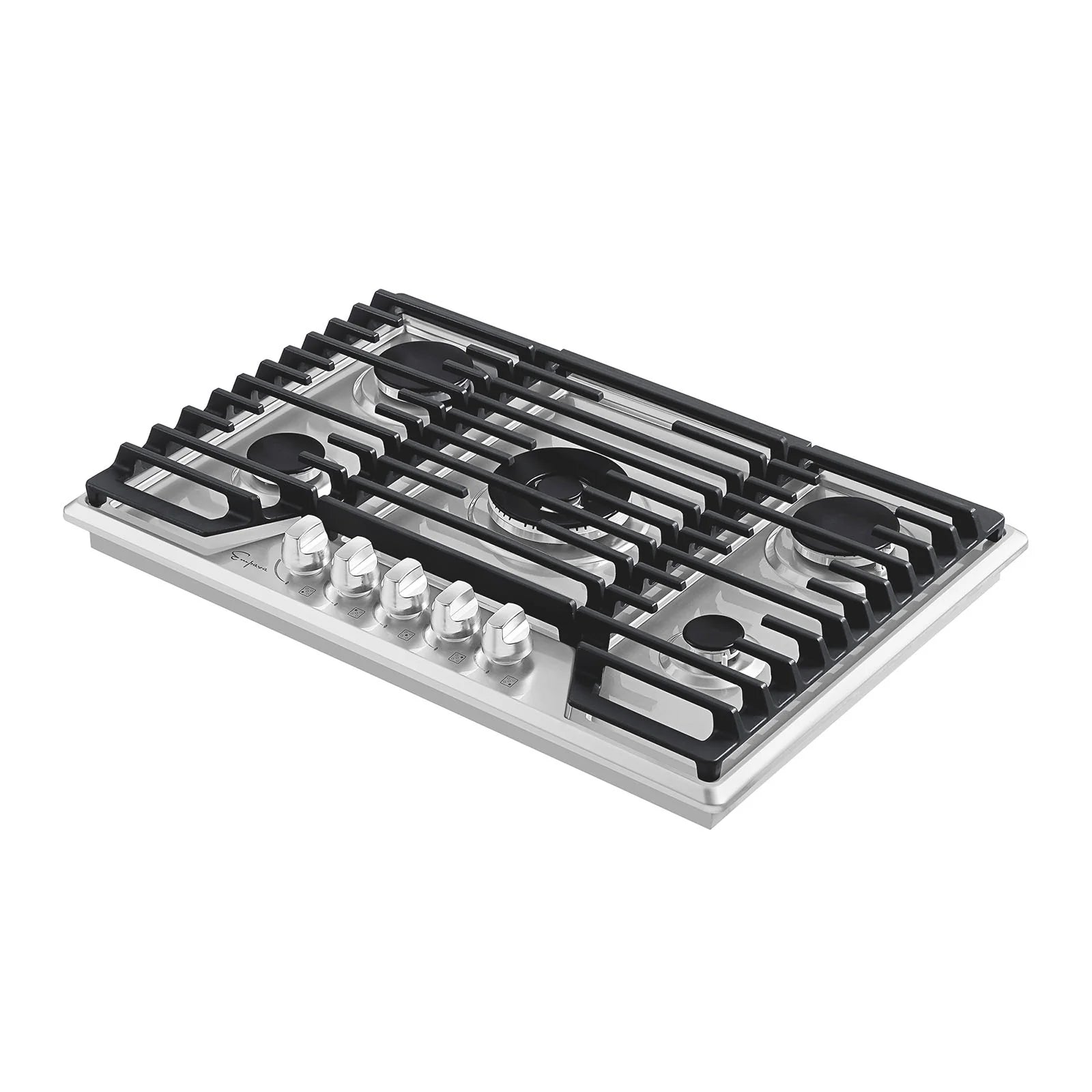 Stainless steel gas cooktop with five burners, black grates, and silver control knobs