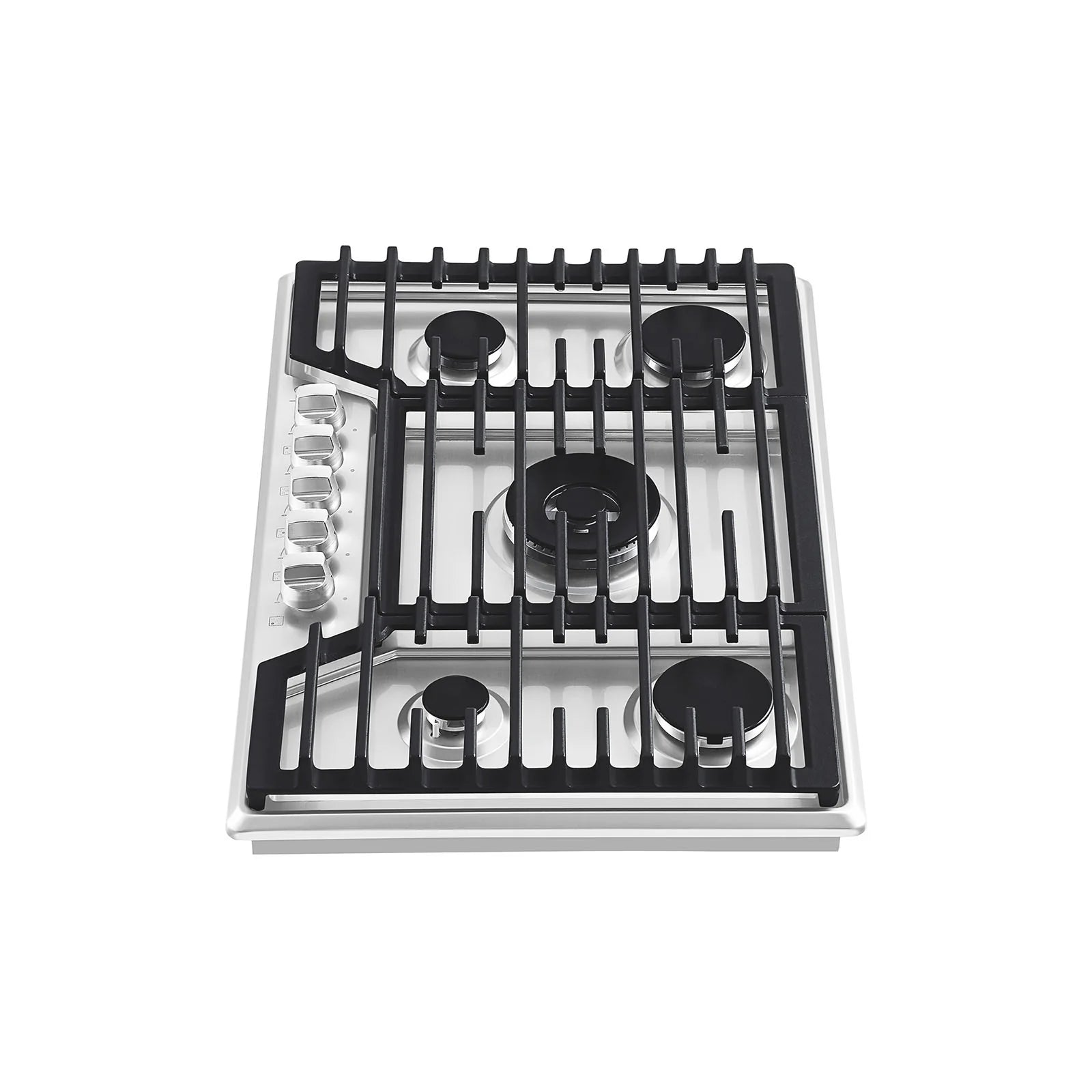 Stainless steel gas cooktop with five burner grates and knob controls at front