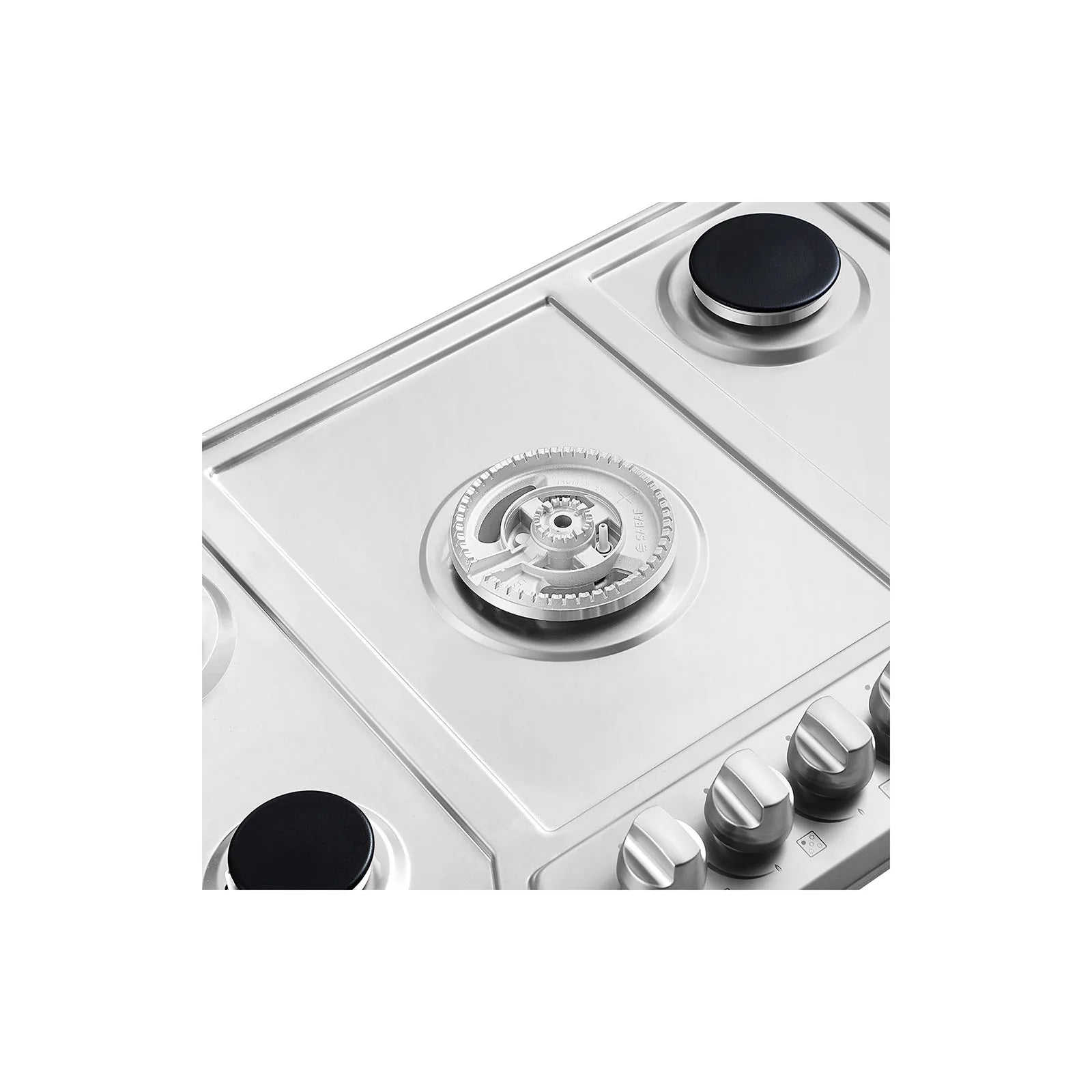 Corner burner and control knobs on stainless steel gas cooktop with black cap