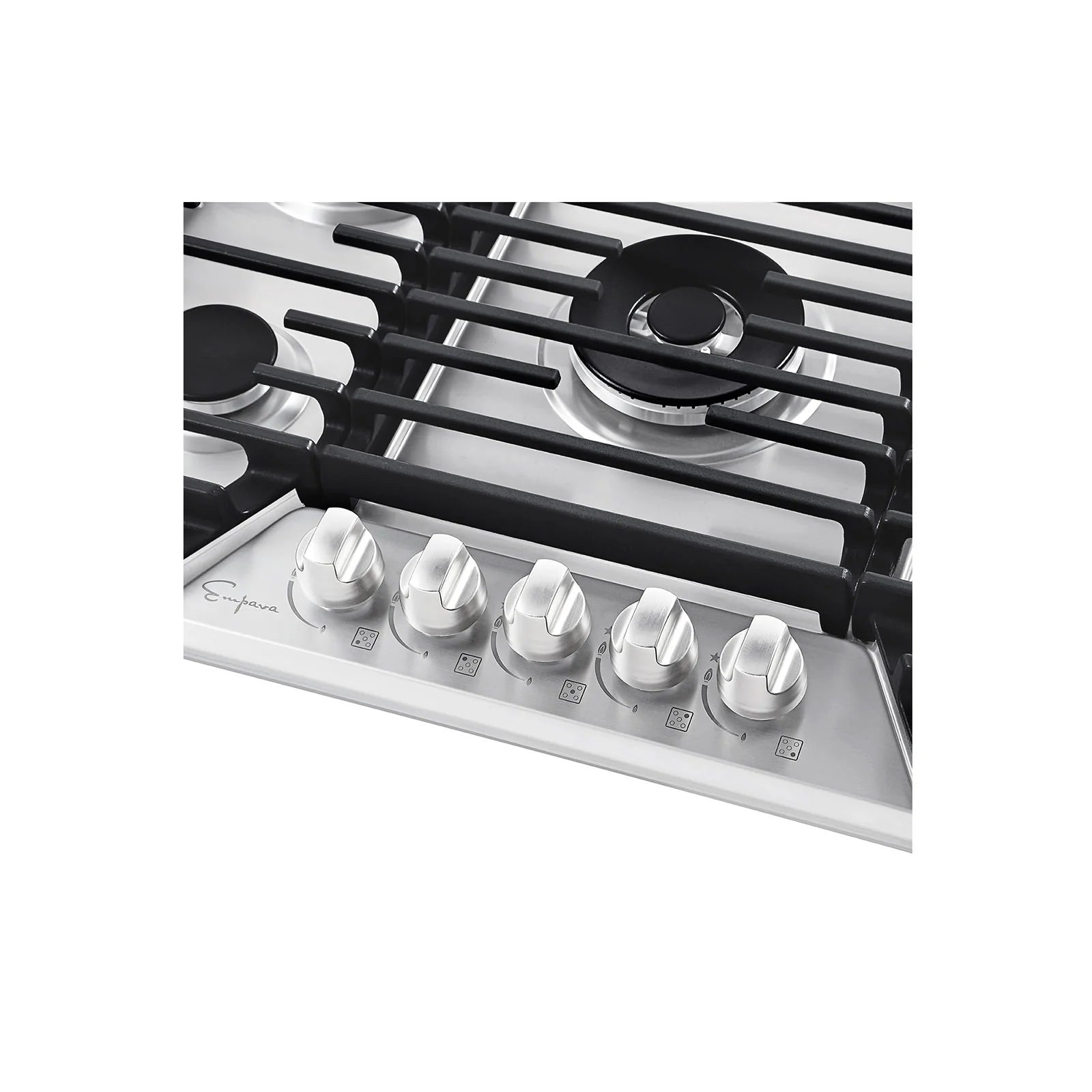 Gas cooktop front control panel with metal knobs and black burner grates