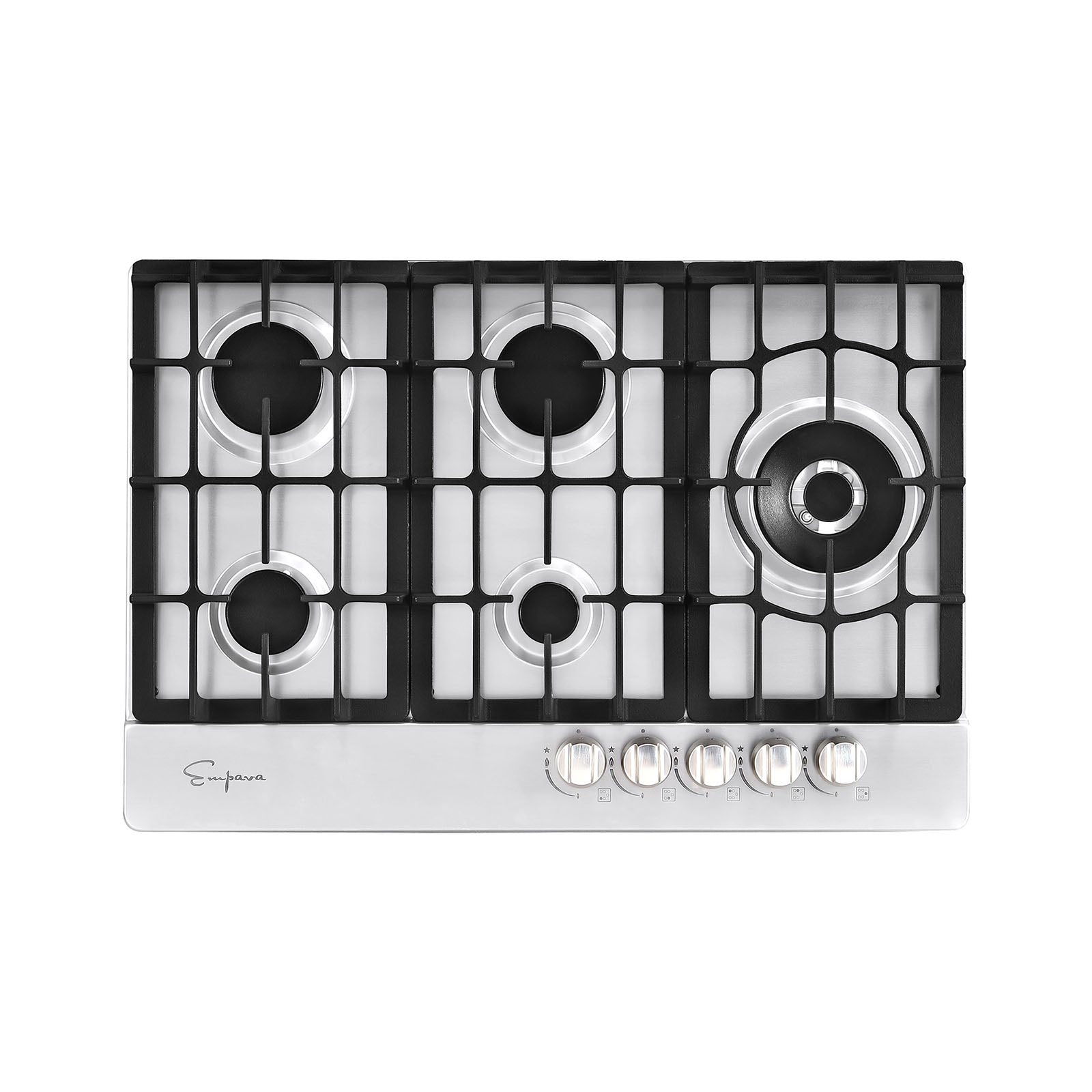 Empava stainless steel built-in natural gas stove cooktop with black grates and control knobs