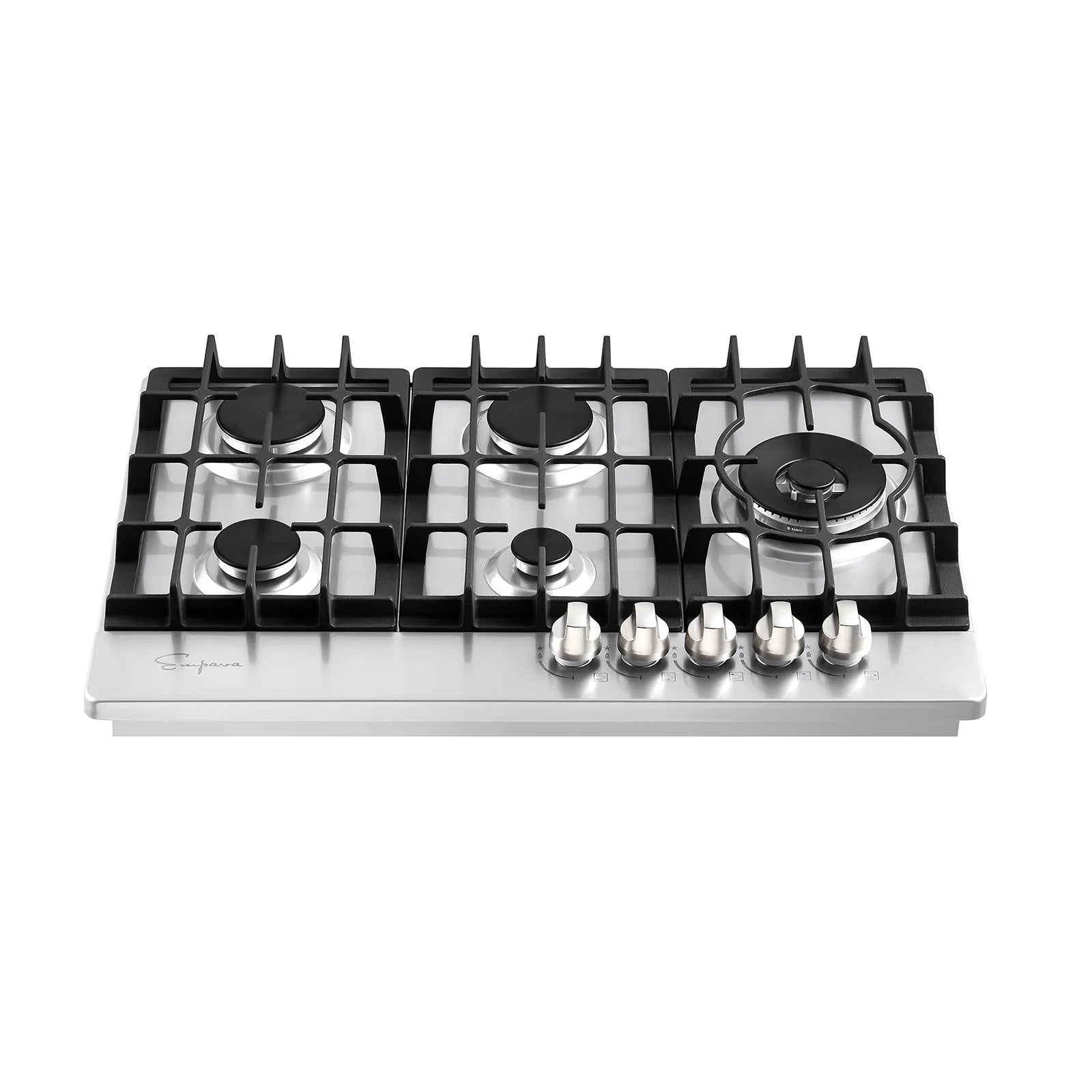 Empava stainless steel gas cooktop front view with black grates and silver control knobs