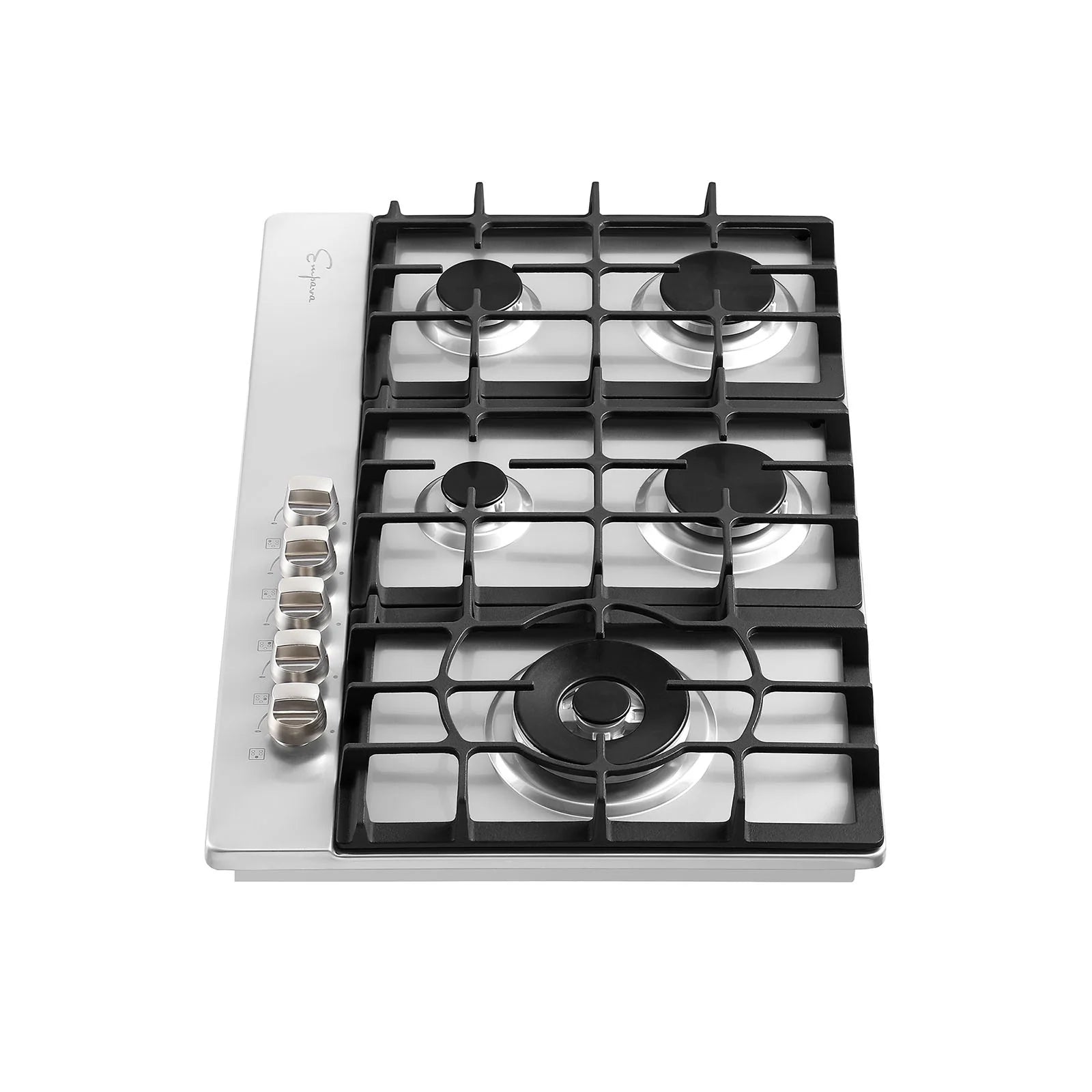 Empava stainless steel gas cooktop top view with five burners and black grates