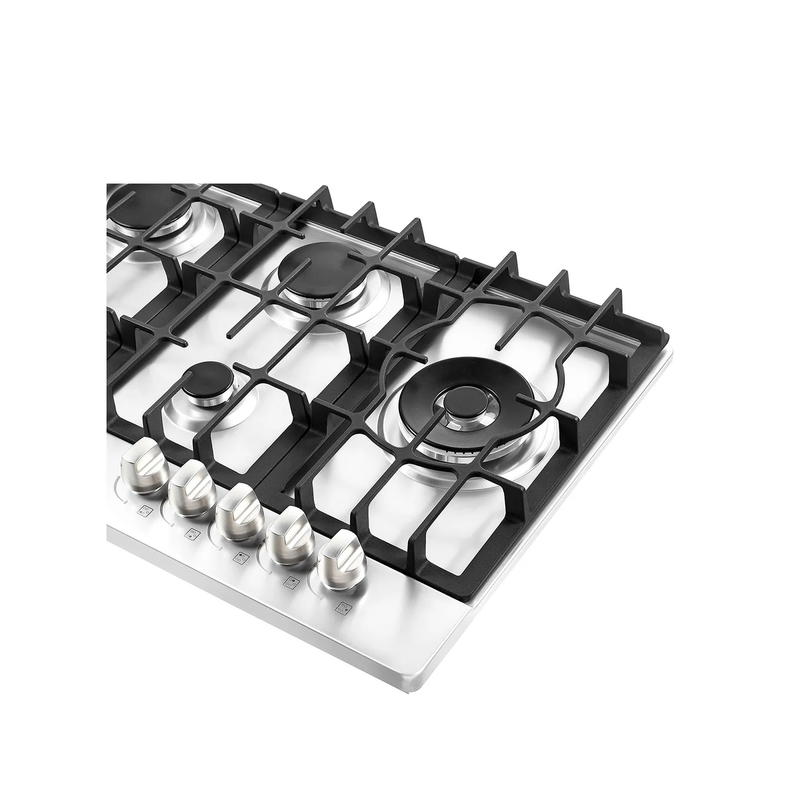 Empava natural gas cooktop close-up showing burners, black grates, and metal control knobs