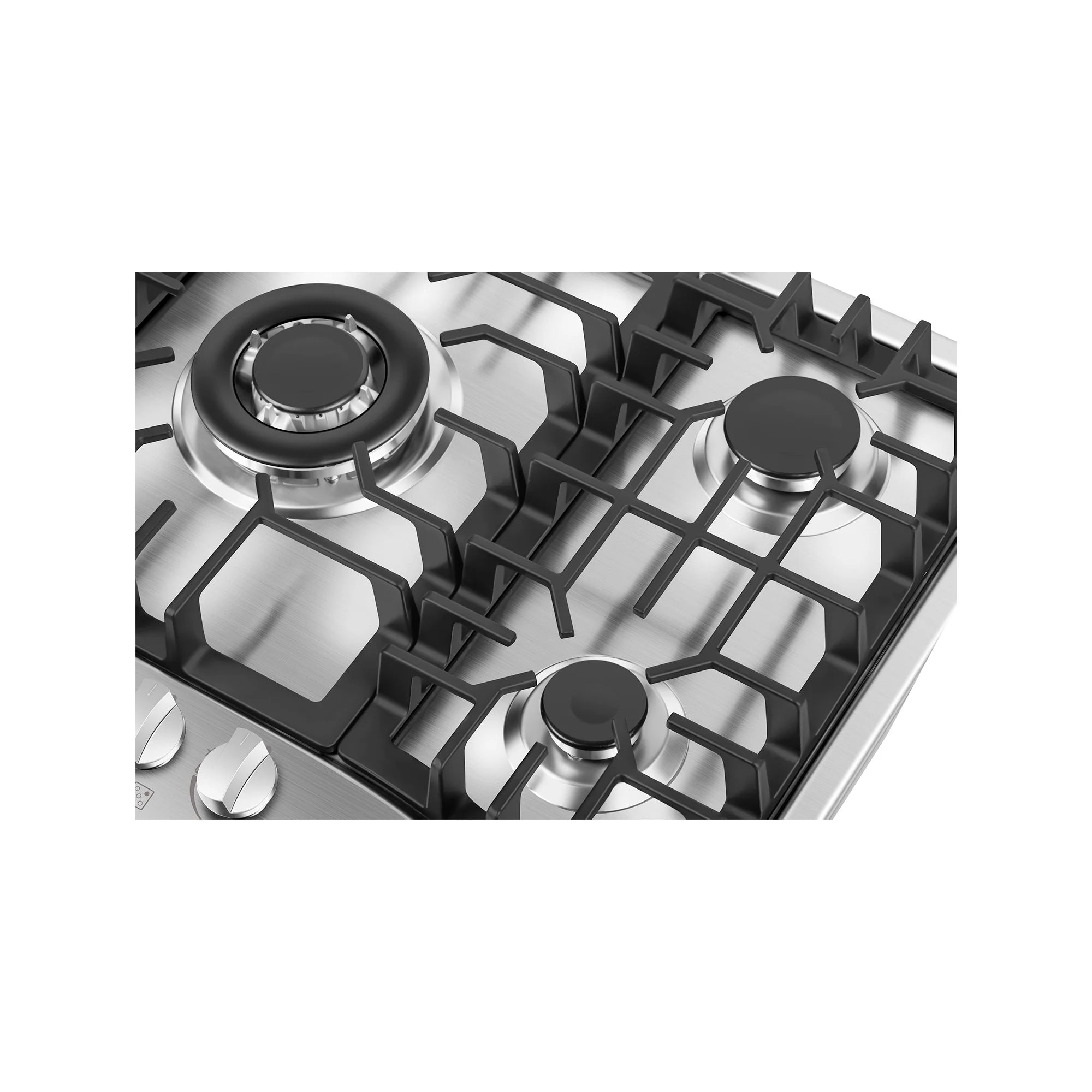 Close-up of stainless natural gas cooktop with two burners, black grates, and control knobs.
