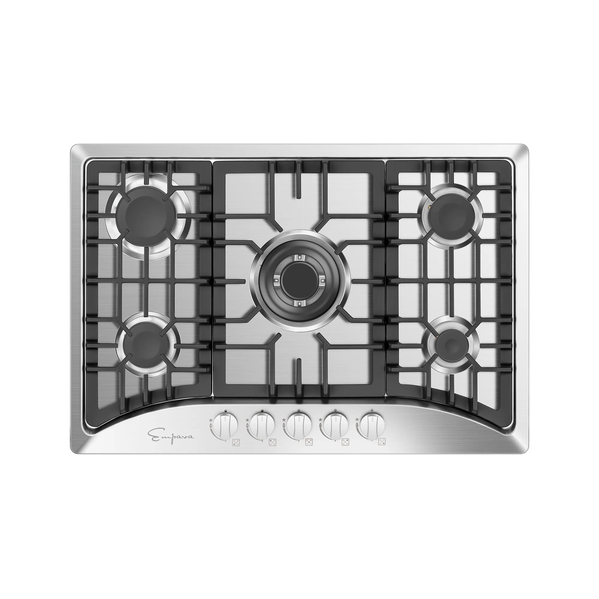 Built-in natural gas cooktop front view with four burners, black grates, and stainless control panel.