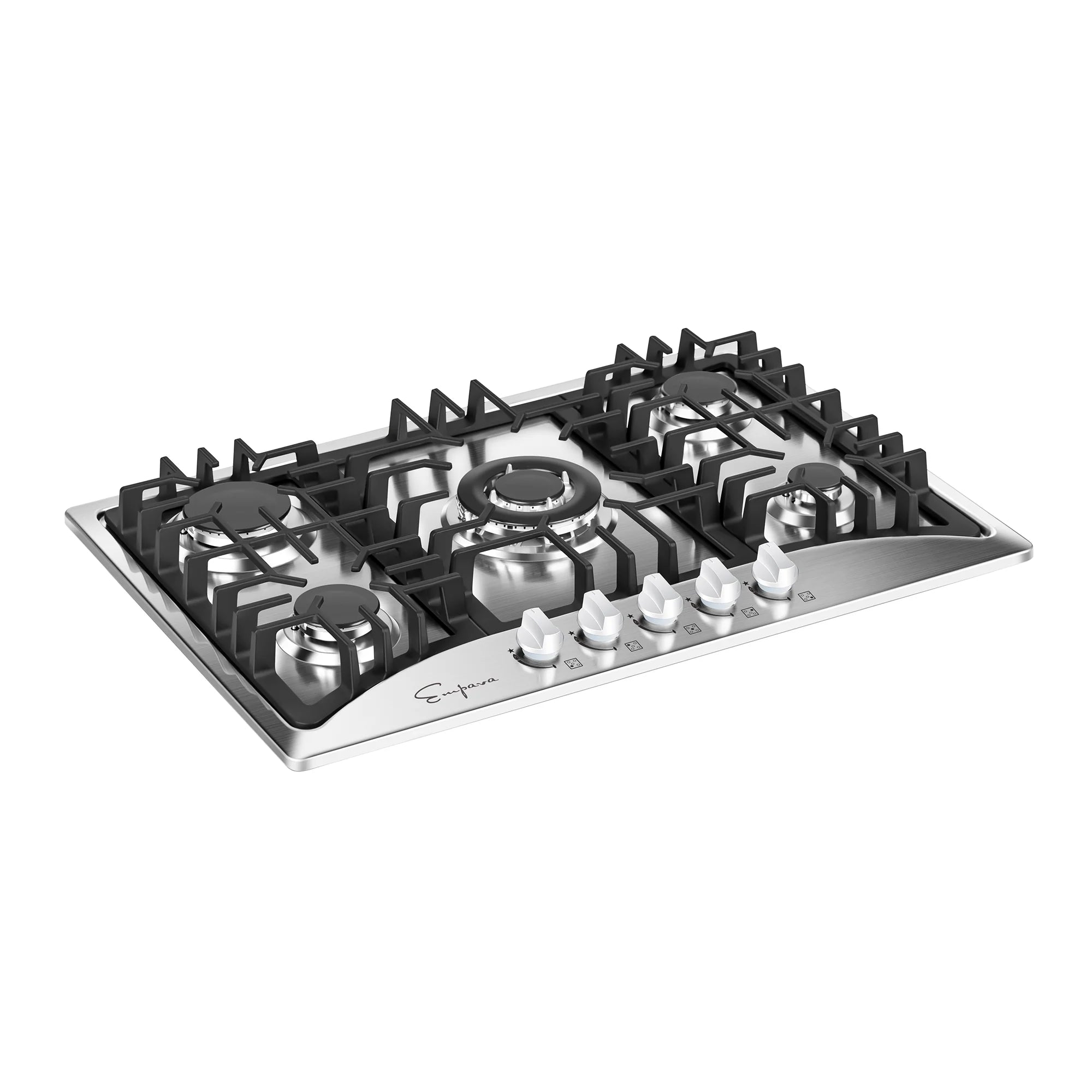 Natural gas cooktop top view with four burners, black grates, and stainless frame with knobs.