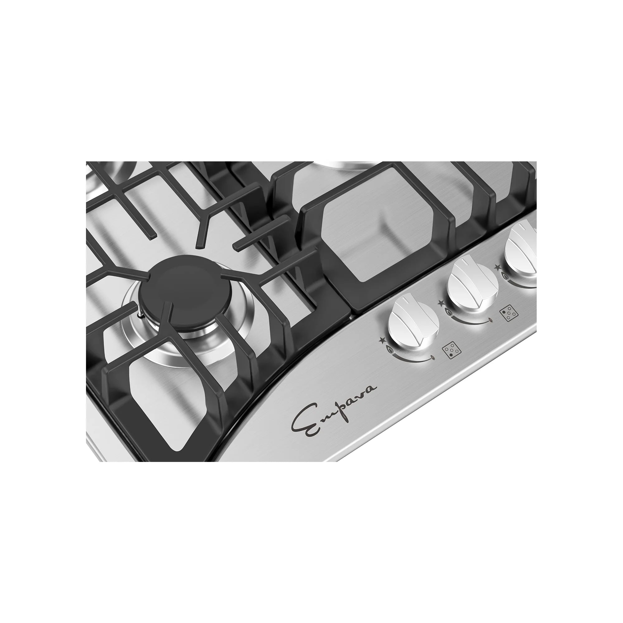 Stainless control panel view with black burner grates and white control knobs on natural gas cooktop.
