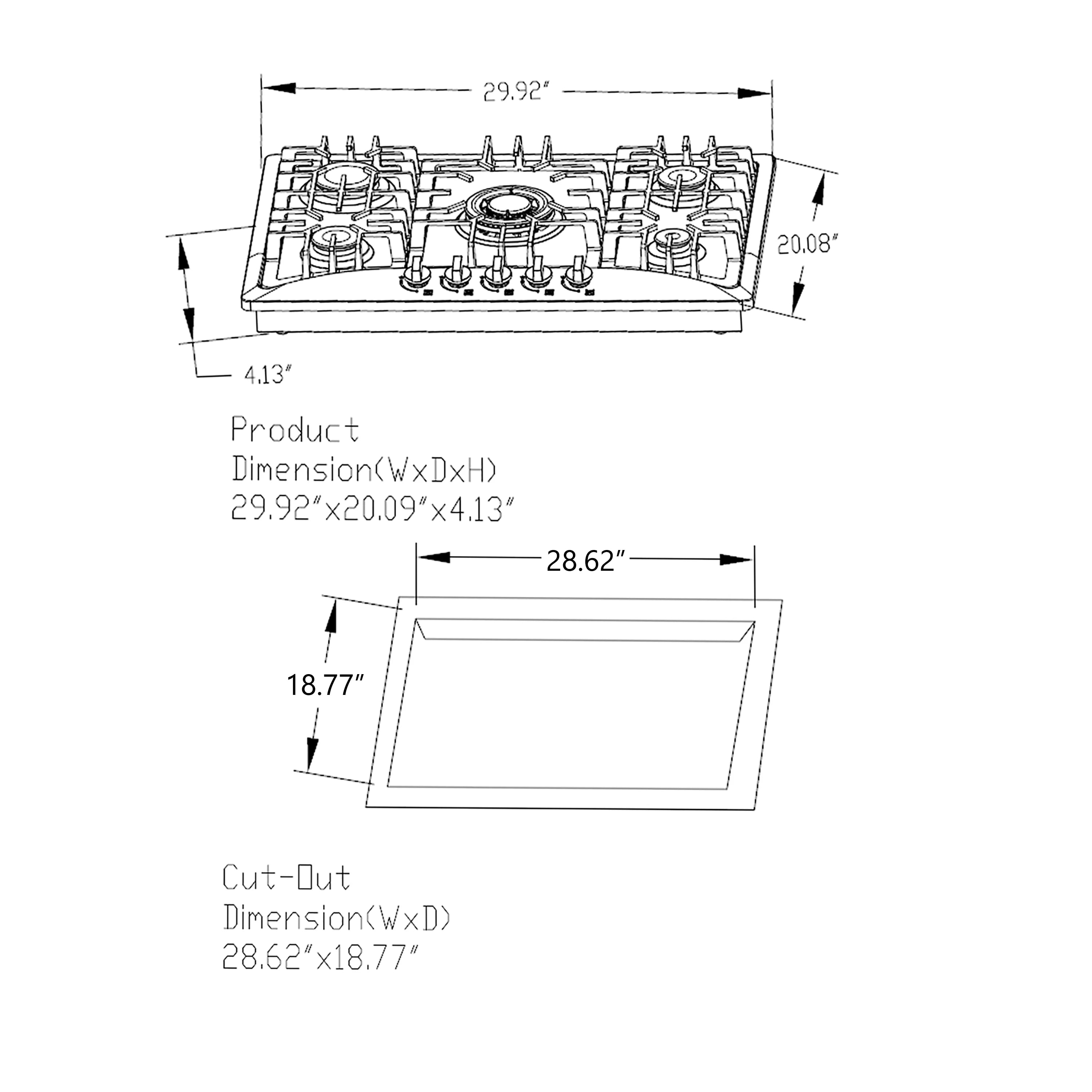 Cooktop product dimensions diagram with width, depth, and height measurements for built-in unit.