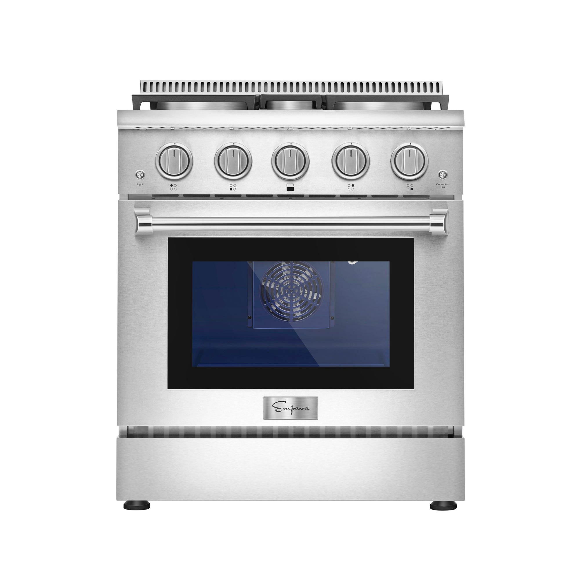 Stainless steel 30-inch freestanding gas range with oven window and five control knobs