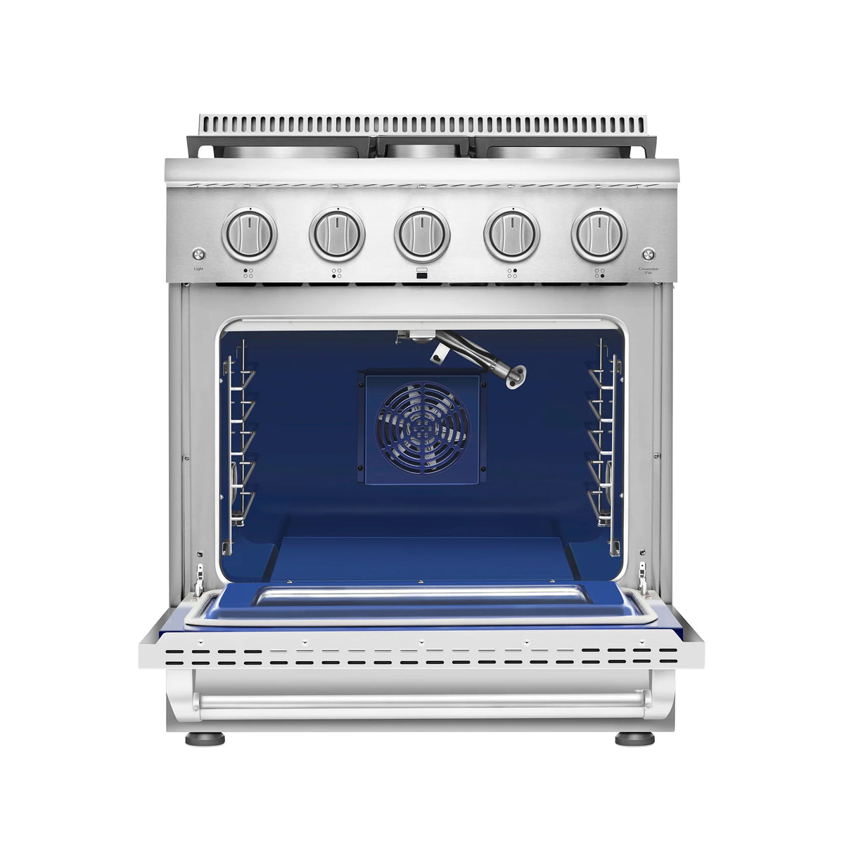 Stainless steel freestanding gas range with open oven cavity and included oven racks