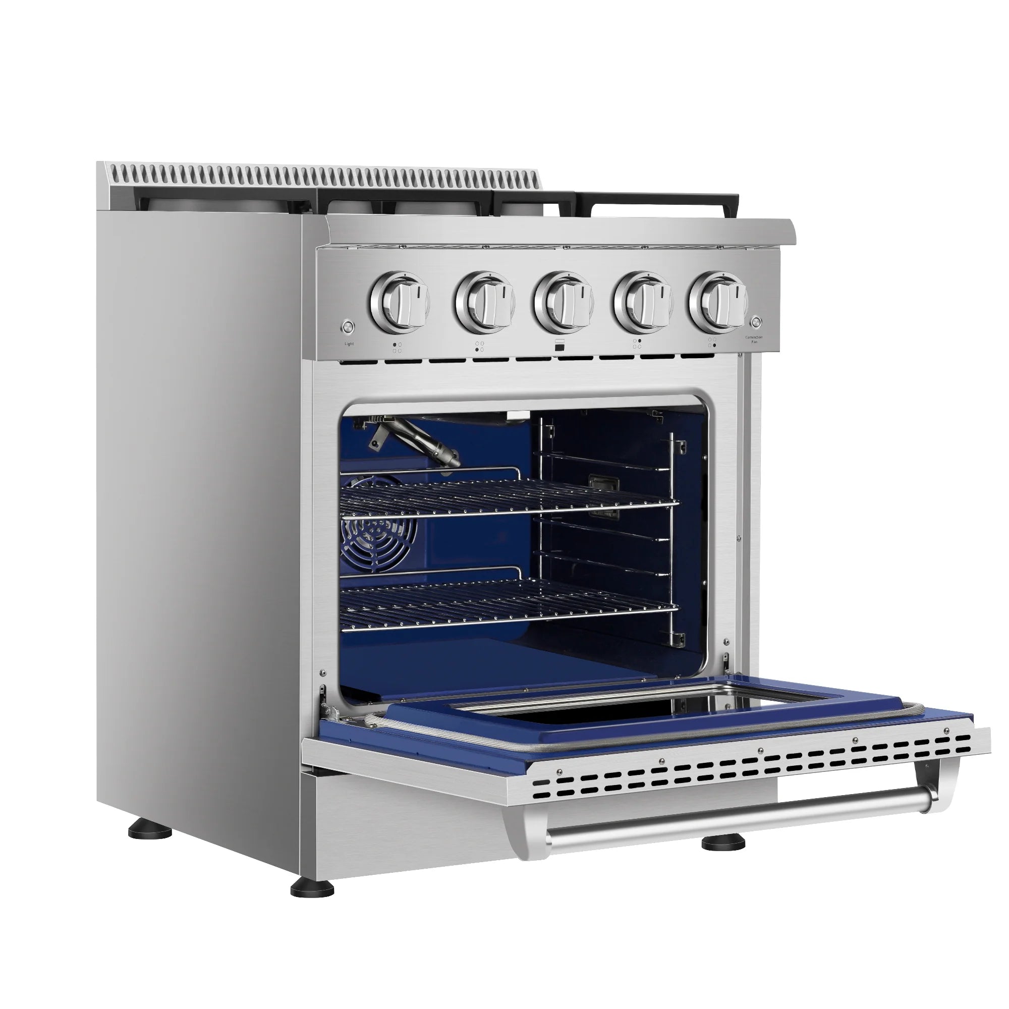 Stainless steel freestanding gas range with open oven door, racks, and blue interior liner