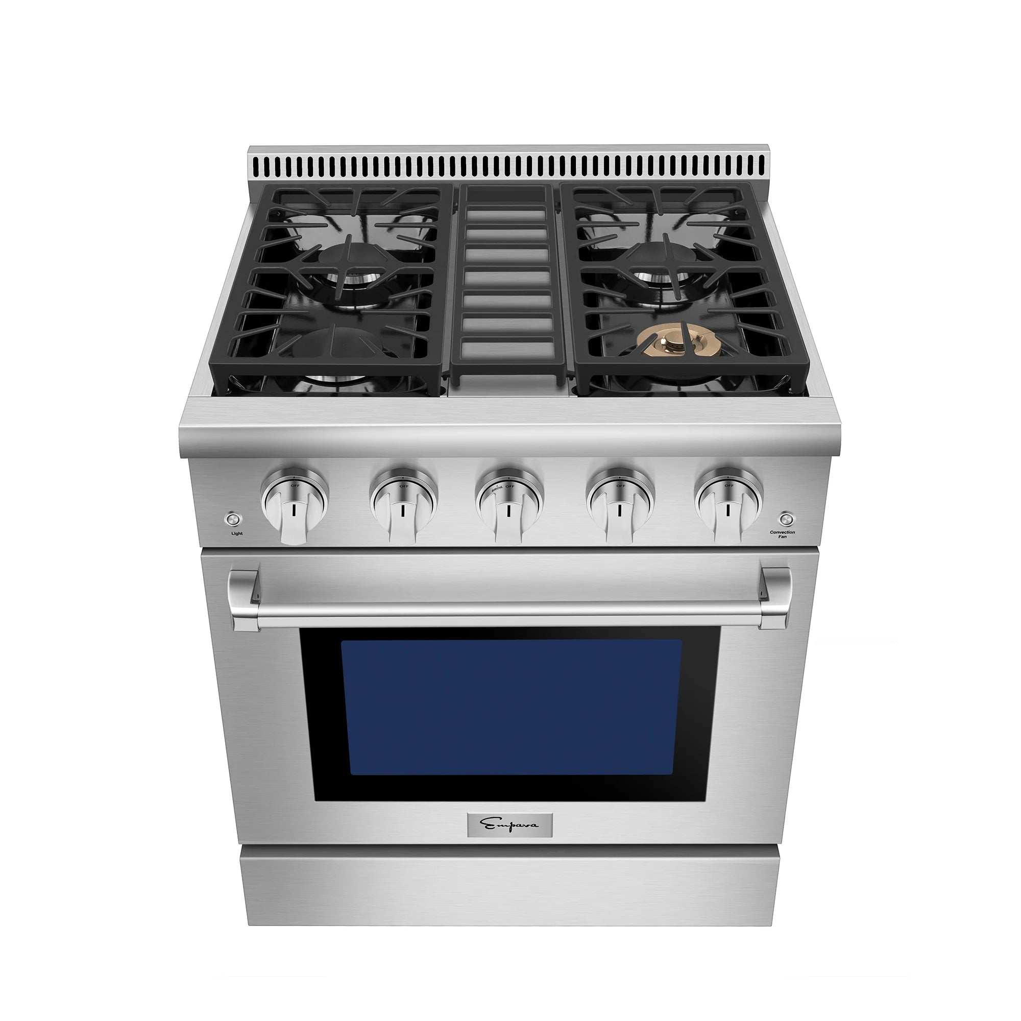 Stainless steel freestanding gas range with open oven and black cast-iron style burner grates