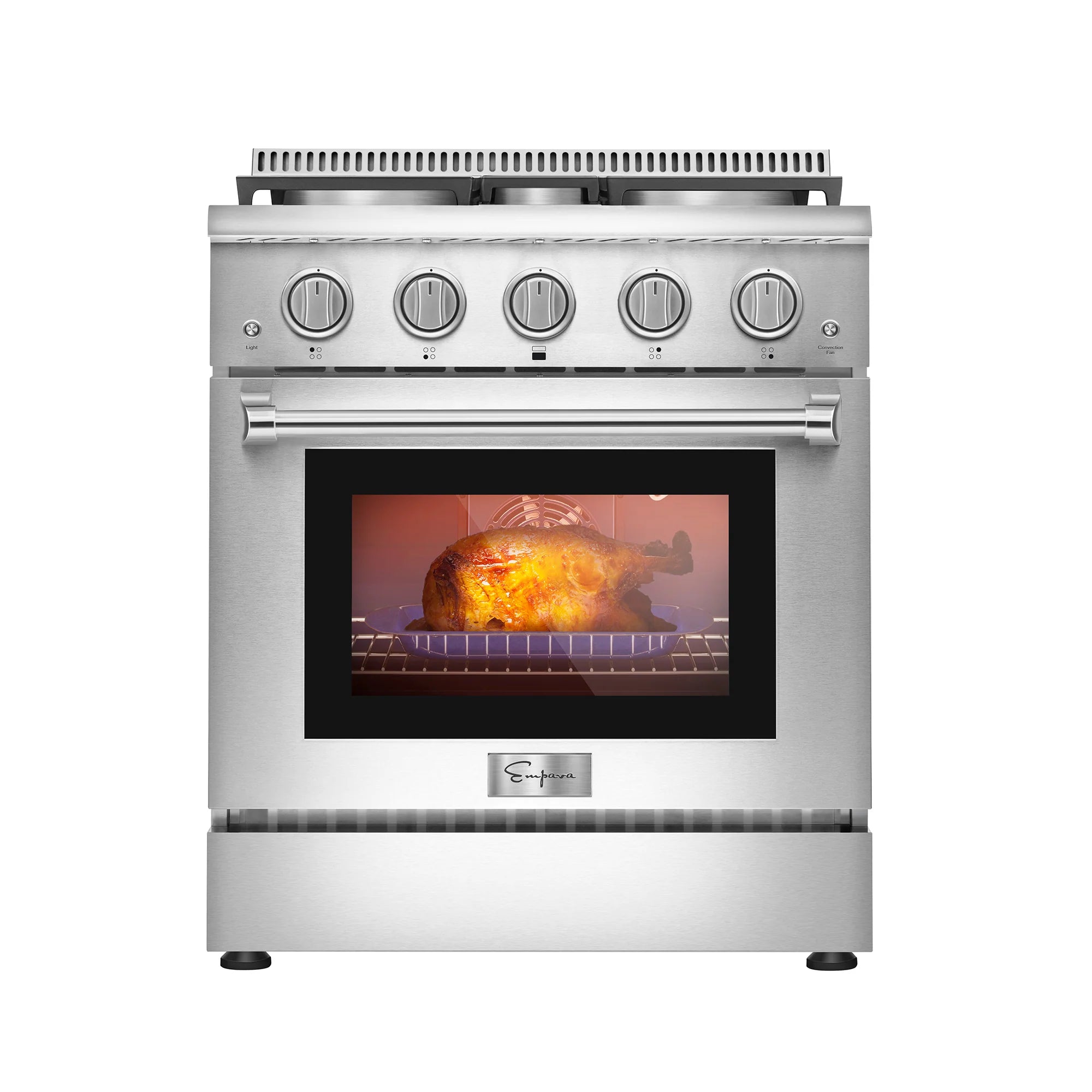 Stainless steel freestanding gas range with lit oven window and five front burner control knobs