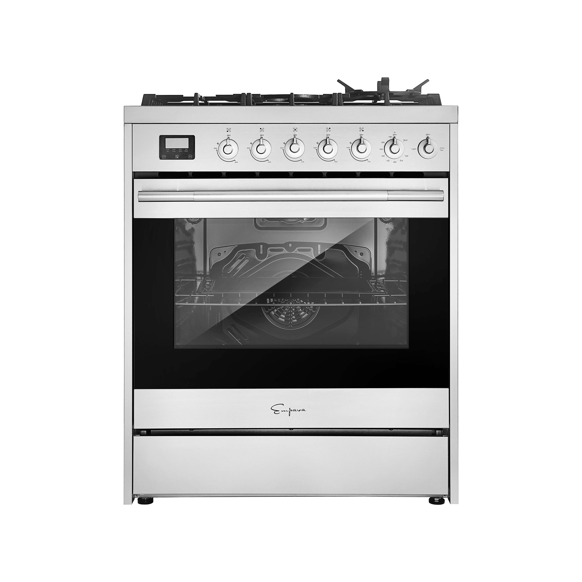 Stainless steel freestanding gas range with oven door window and control knobs