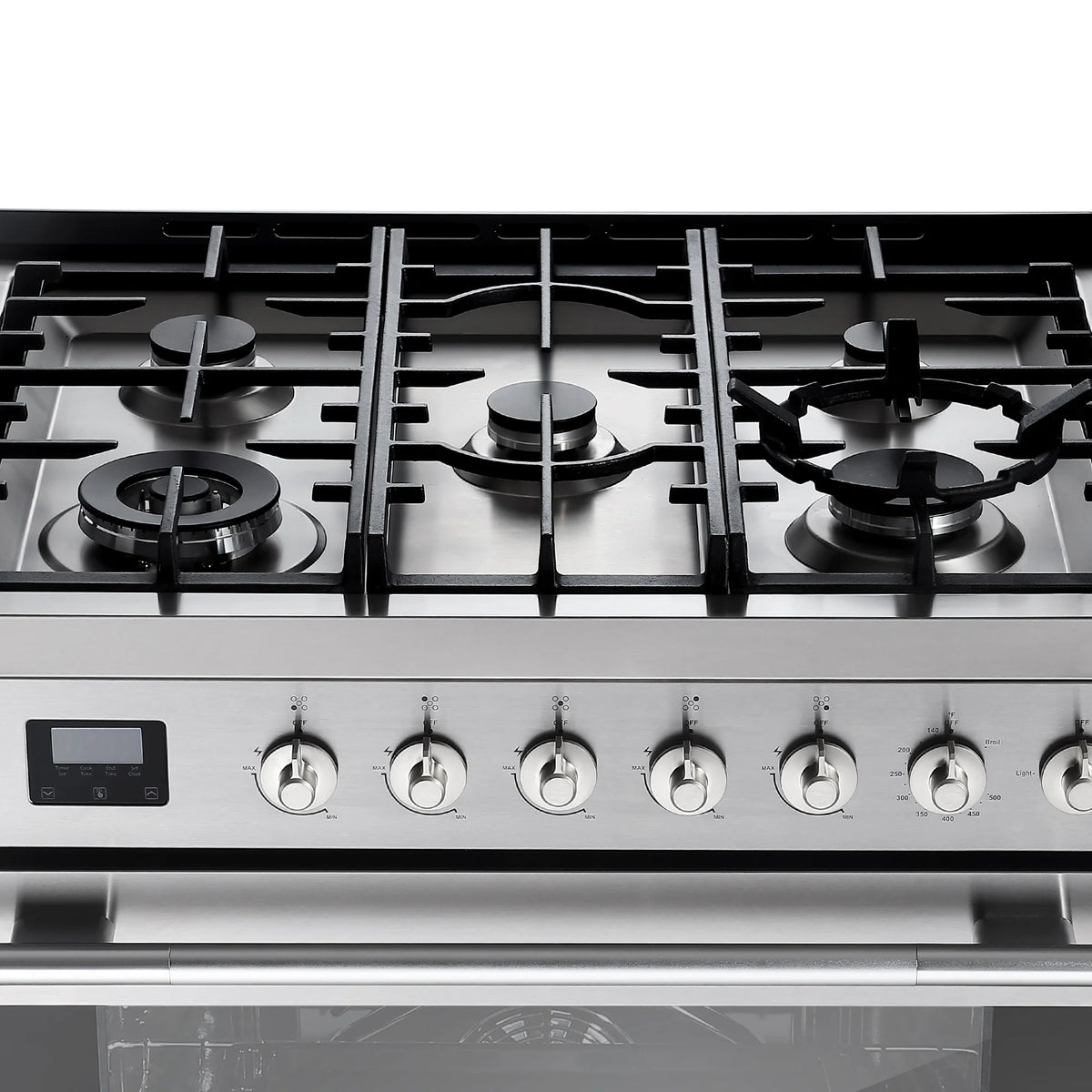 Gas cooktop with cast-iron grates, burners, and front row of control knobs