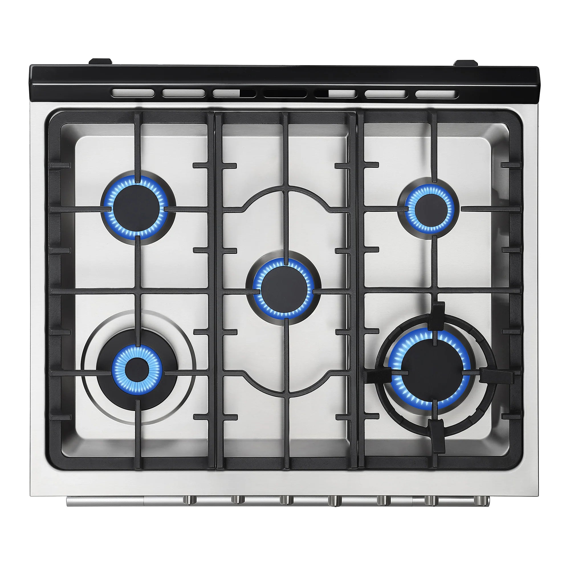Black gas cooktop burner layout with blue-lit control rings