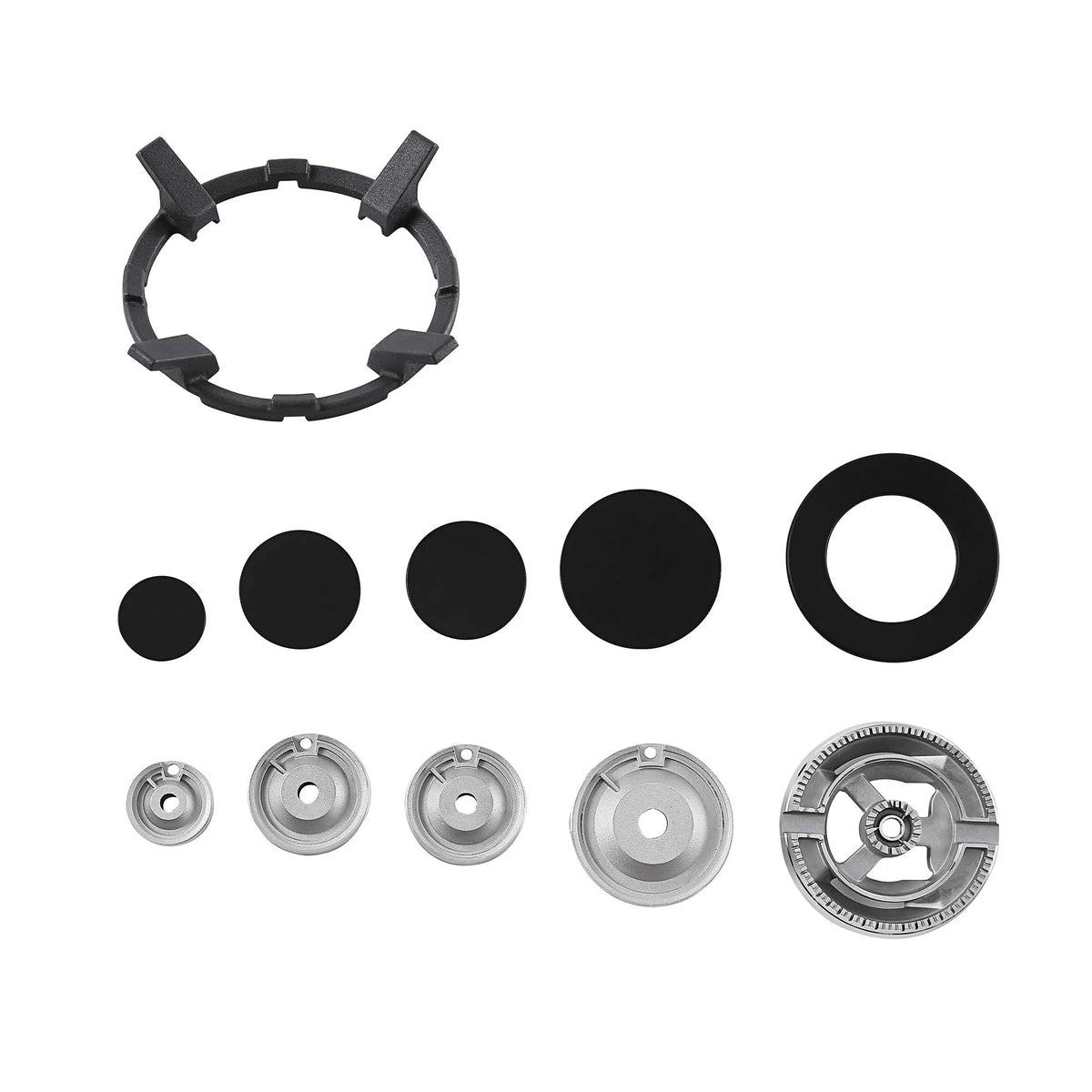 Gas cooktop burner caps and control knobs accessory set, black and silver parts
