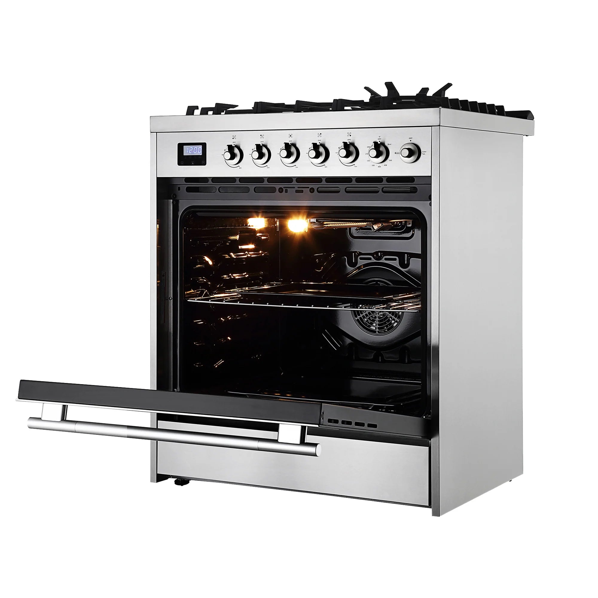 Stainless gas range with open oven door showing lit interior and control panel