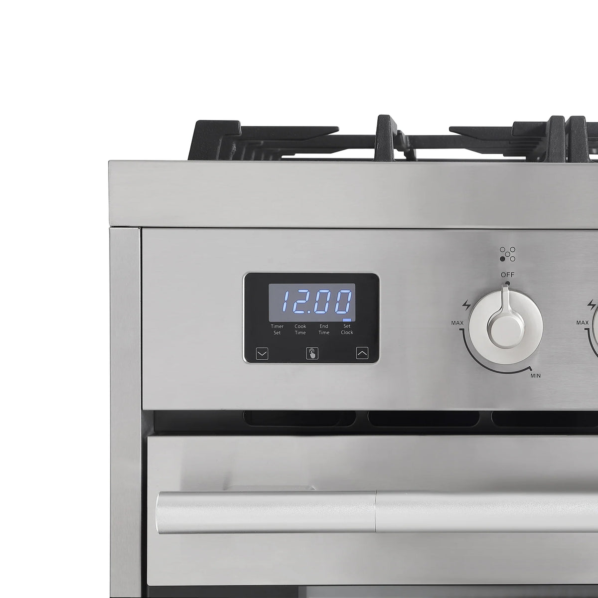 Stainless steel oven control panel with digital display and large temperature knob