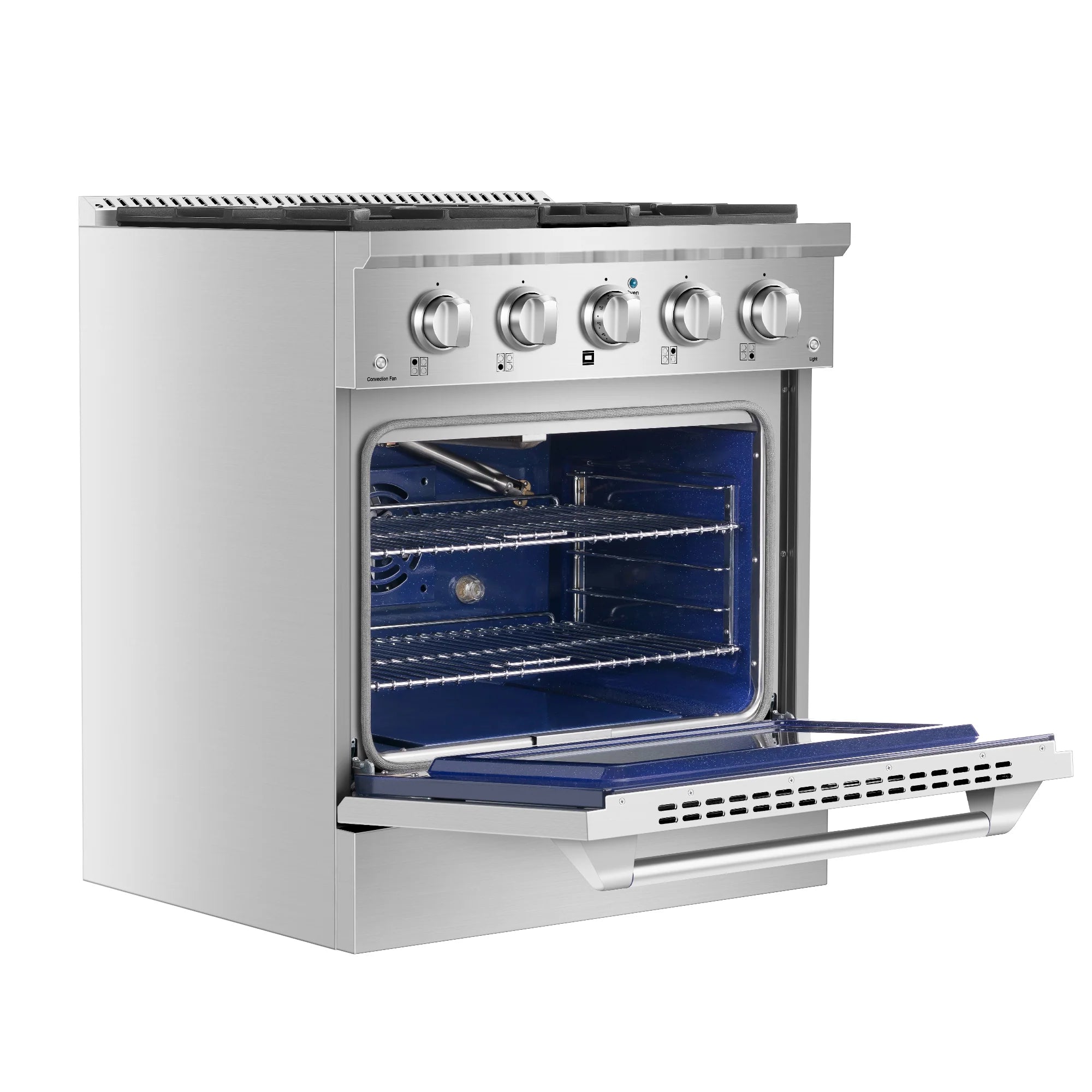 Stainless steel gas range with open oven door and slide-out bottom drawer tray