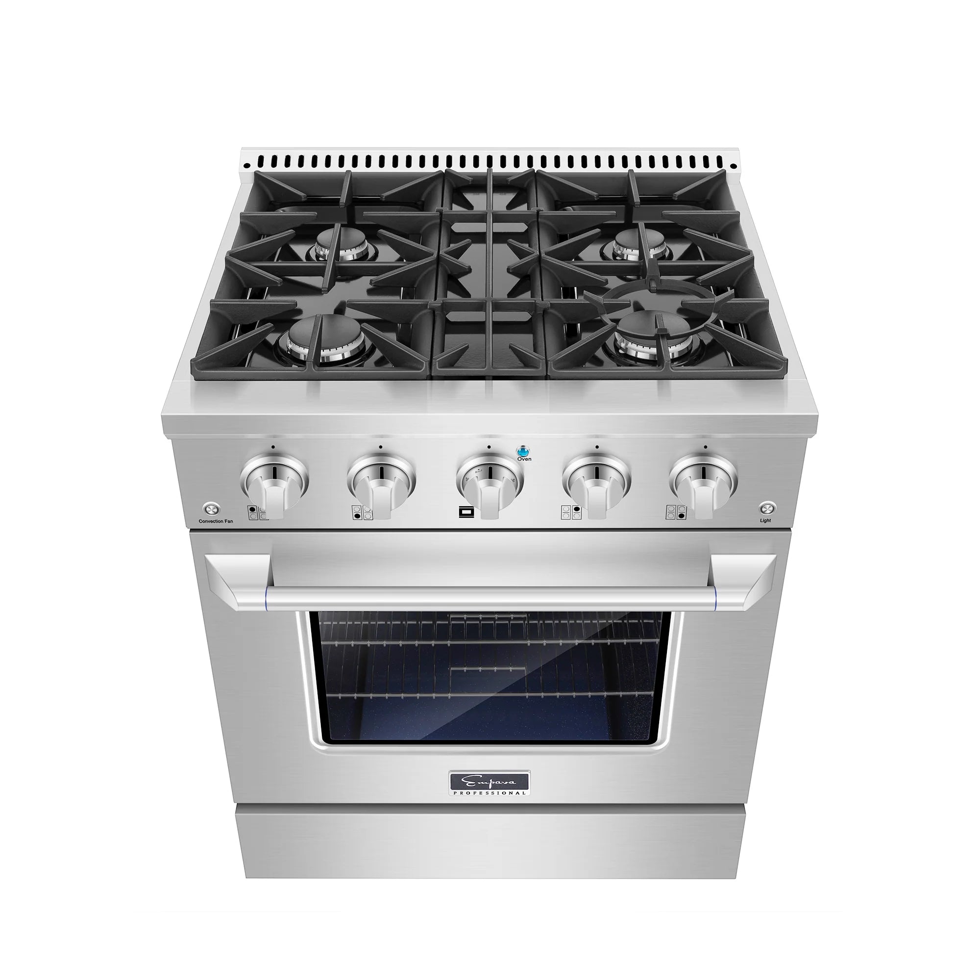 Stainless steel gas range showing four cast-iron burner grates and control knobs