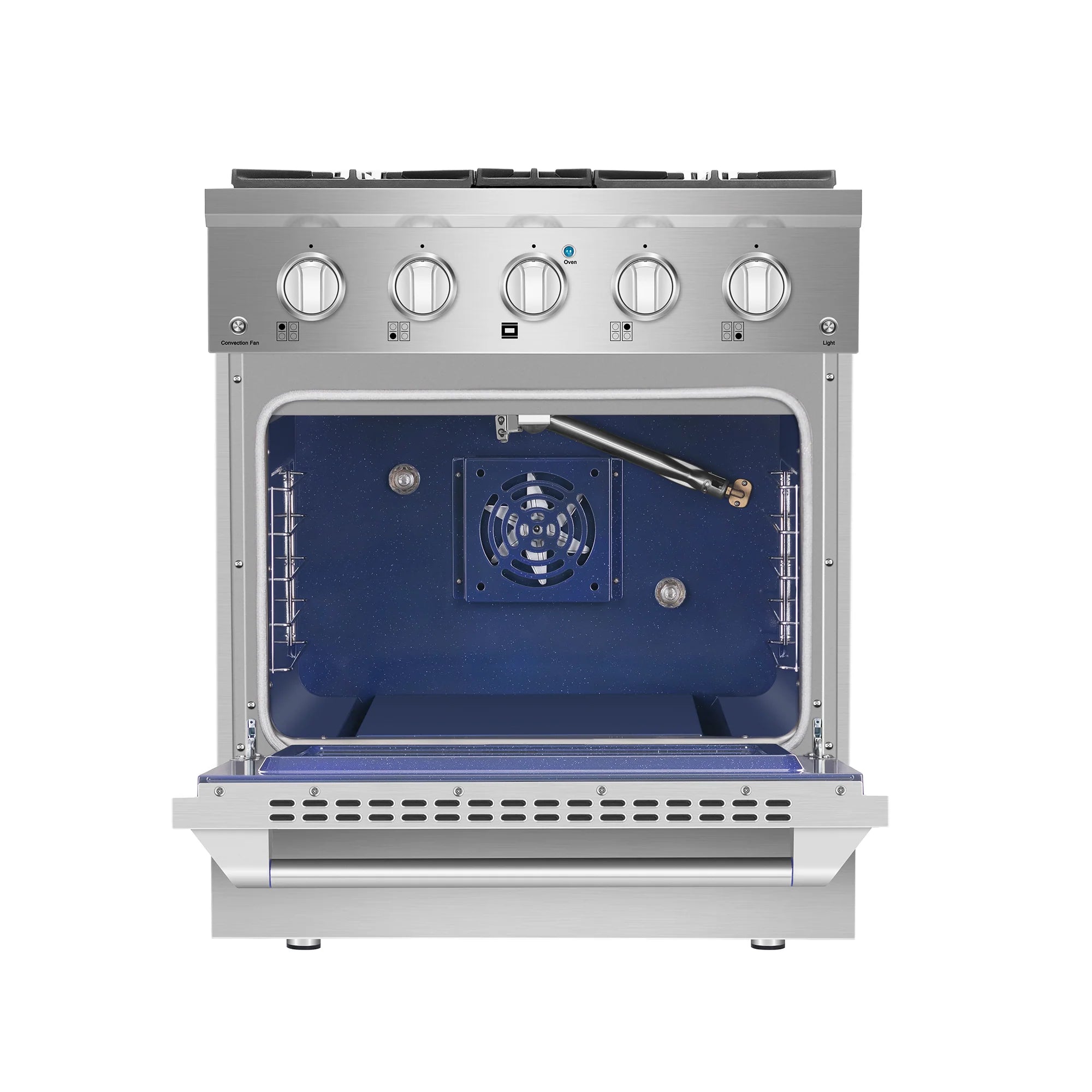 Stainless steel gas range with open oven door and fan vent inside cavity