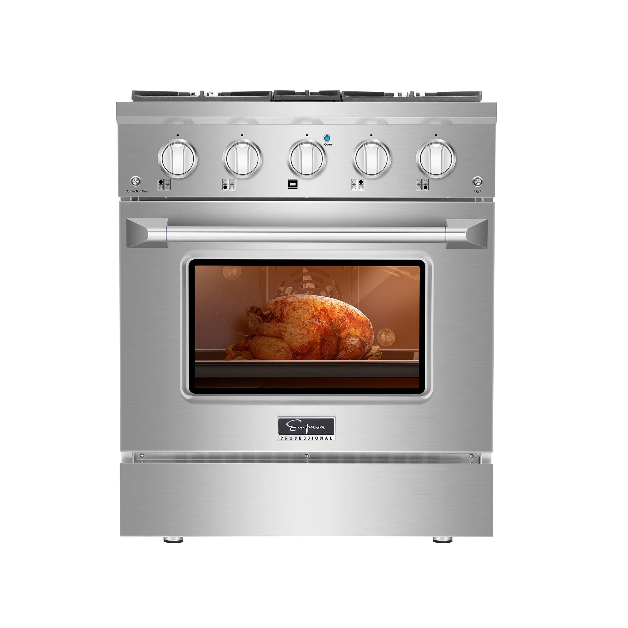 Stainless steel gas range with oven door open and roasted chicken inside