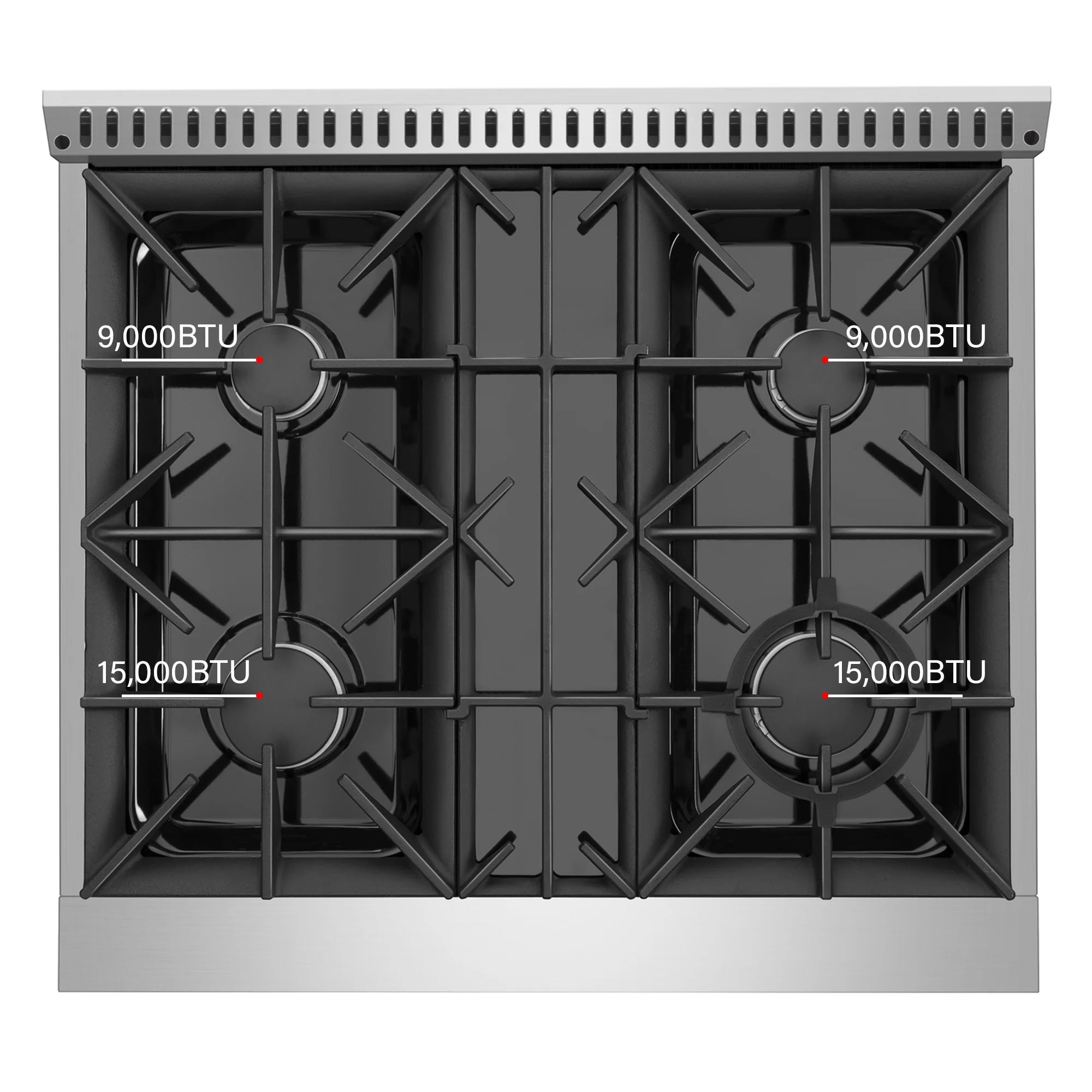 Stainless steel gas range cooktop with burner layout and BTU markings visible