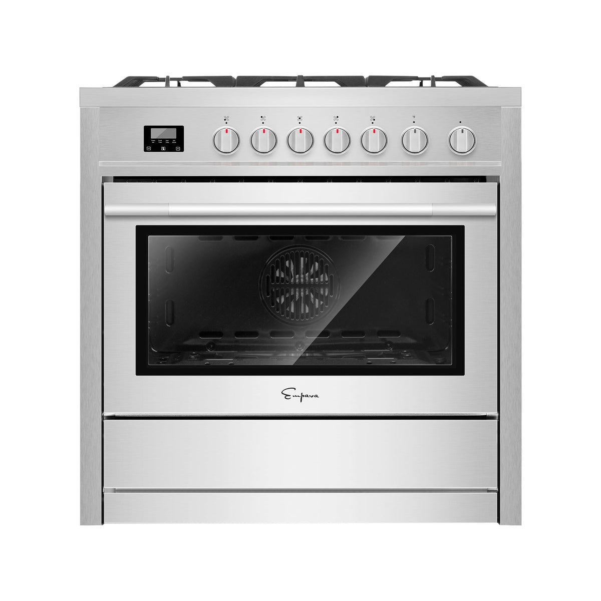 Stainless steel freestanding gas range with glass oven door and control knobs