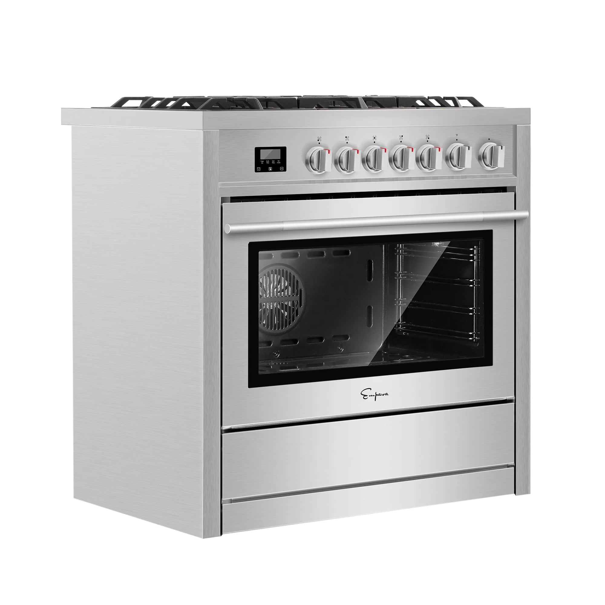 Stainless steel freestanding gas range with oven window, knobs, and front control panel