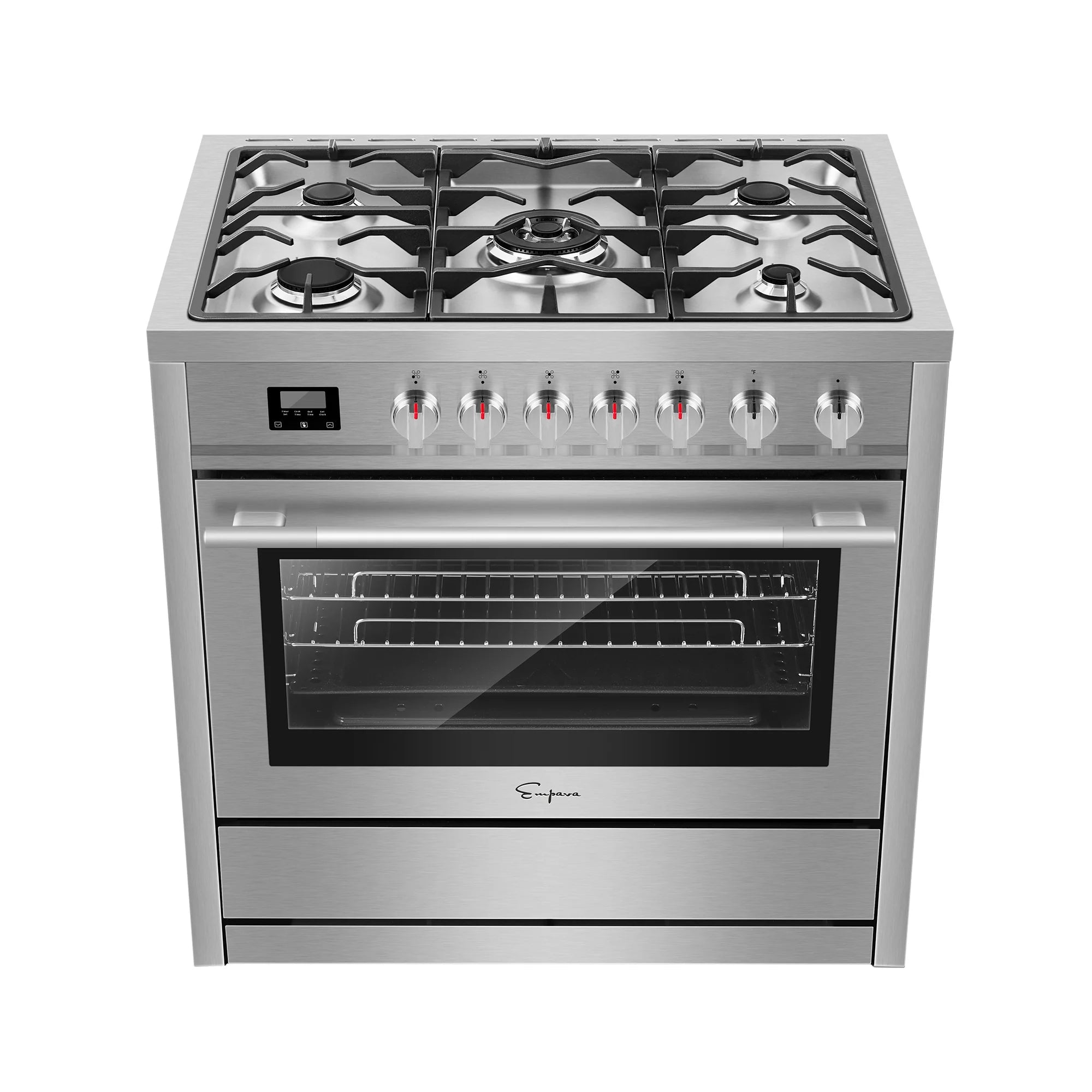 Stainless steel freestanding gas range with 4-burner cooktop and open flame grates