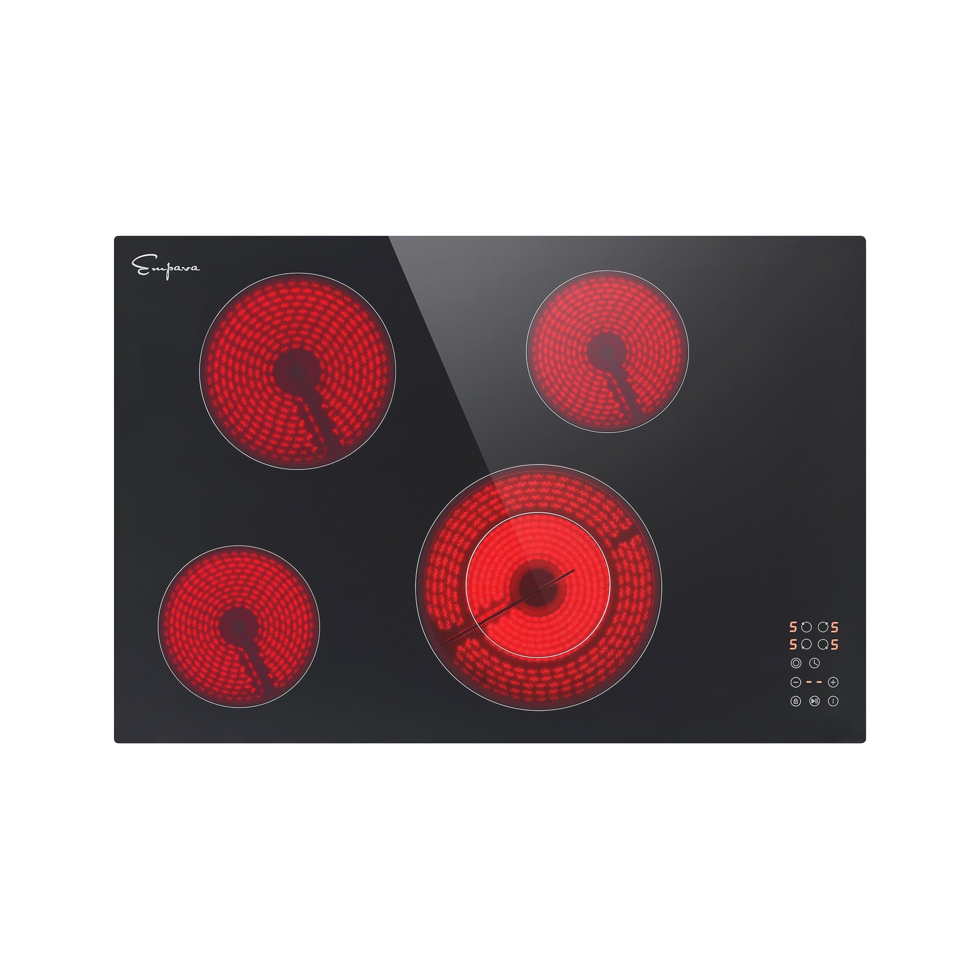Black radiant electric cooktop with four red-glowing burner rings and control icons