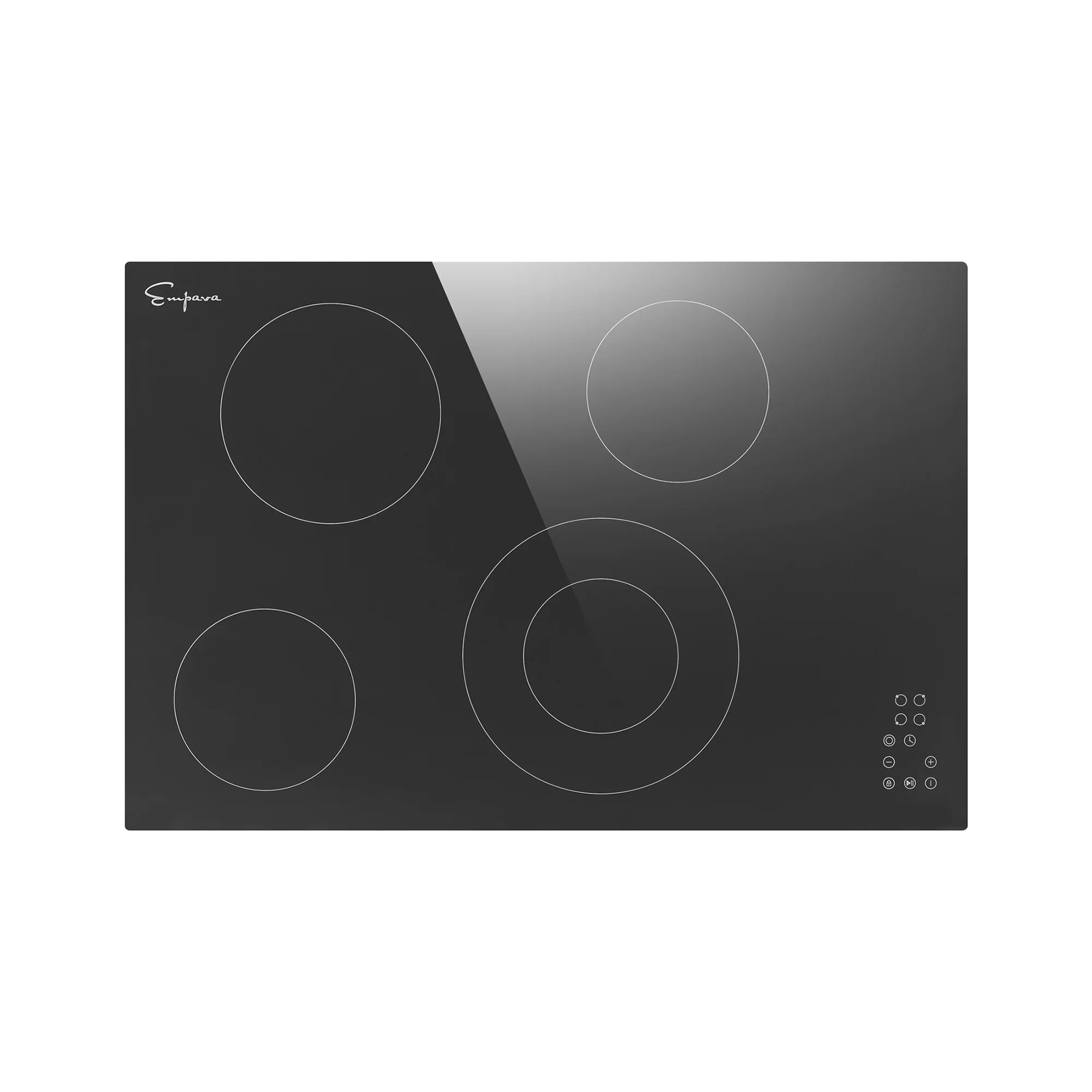Black radiant electric cooktop with four touch controls and faint burner outlines