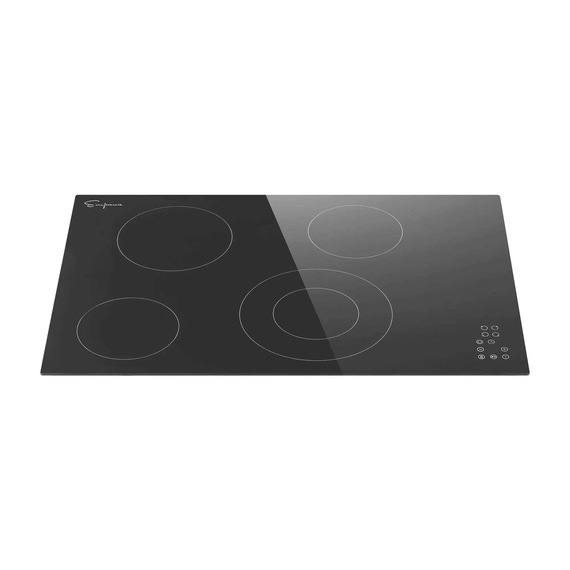 Black radiant electric cooktop with four glass burner circles and control keypad