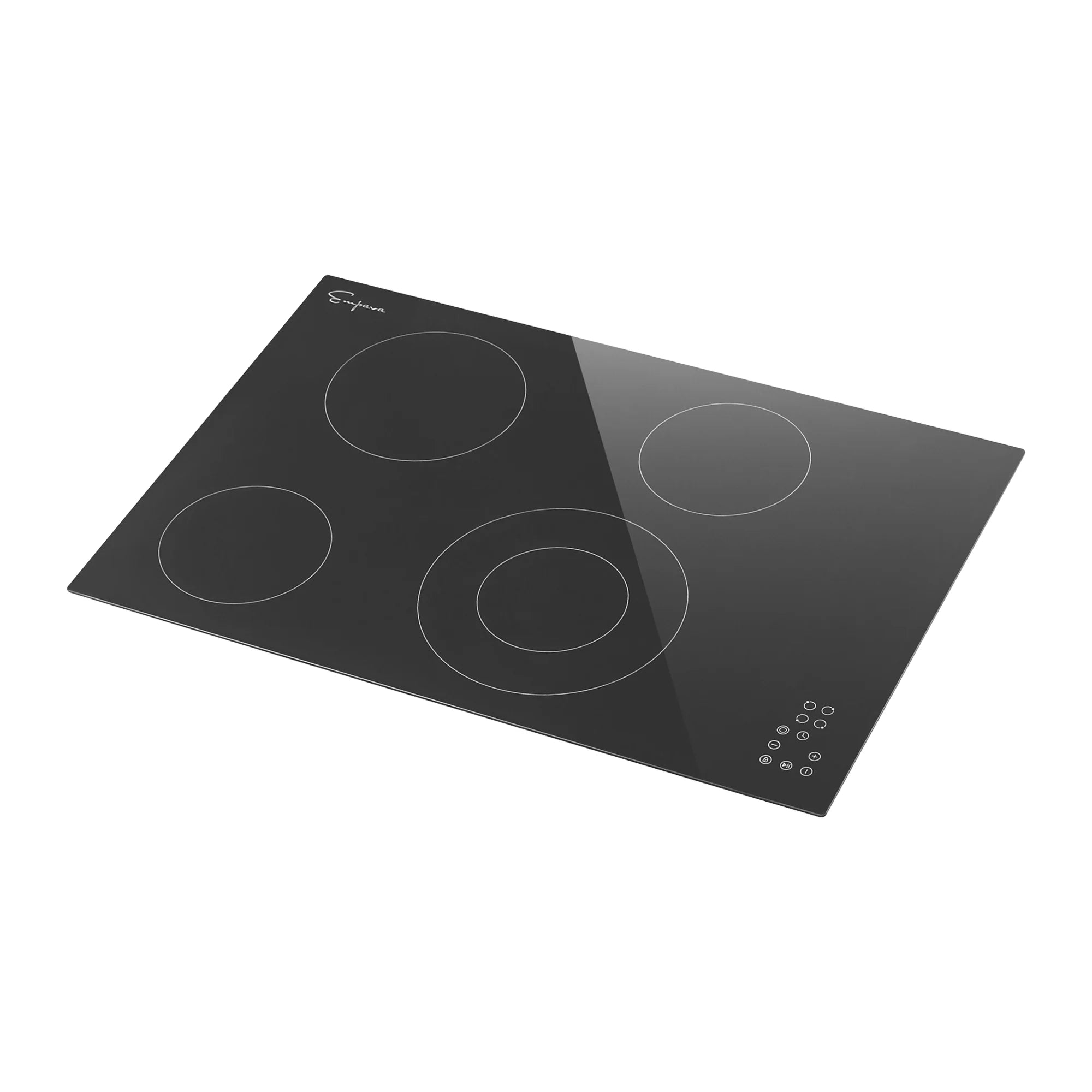 Radiant electric cooktop in black with four outlined burner zones and control buttons