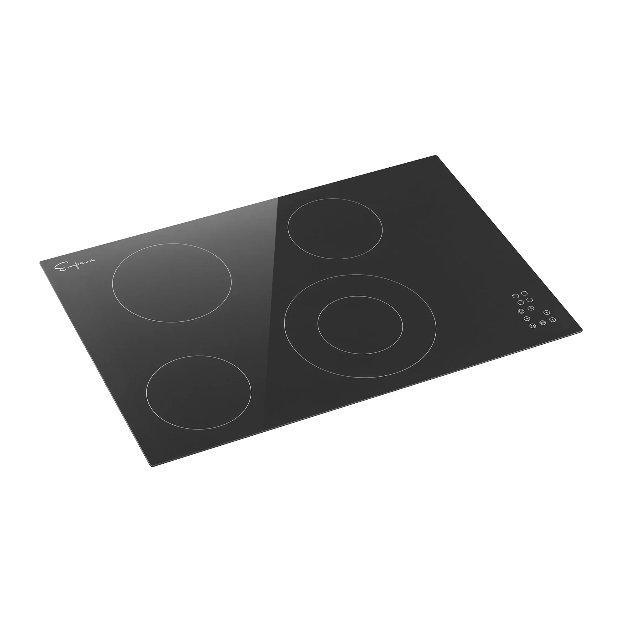 Black radiant electric cooktop with four burner circles and right-side control panel