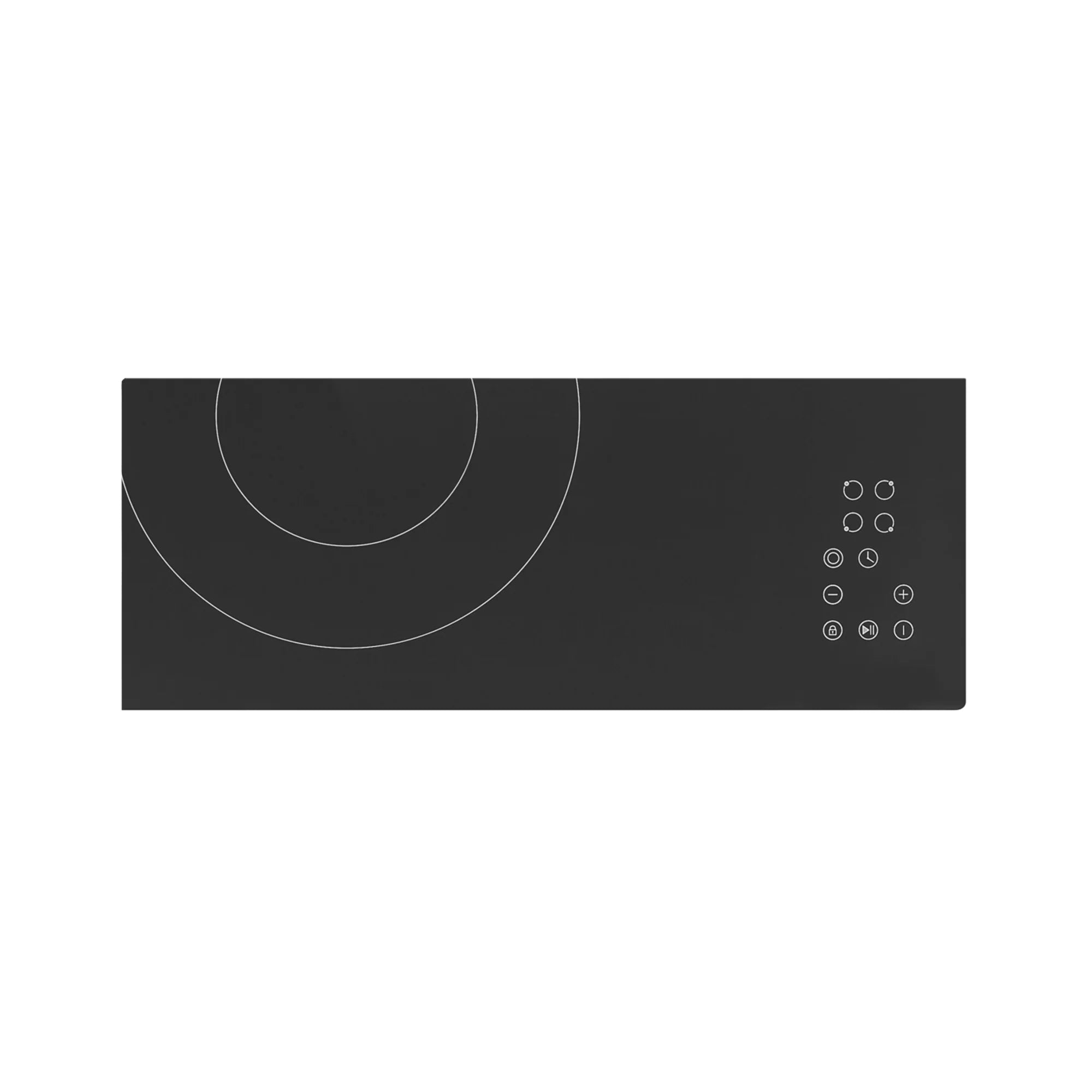 Black radiant electric cooktop control panel with circular burner zones and buttons