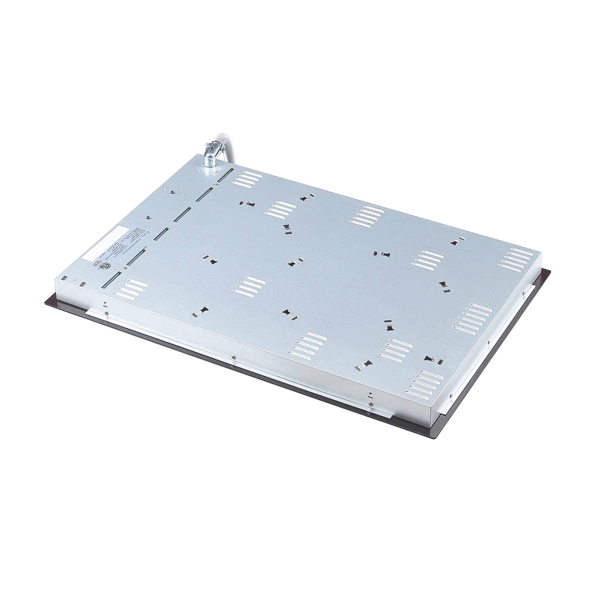 Radiant electric cooktop with exposed metal underside and wiring connection