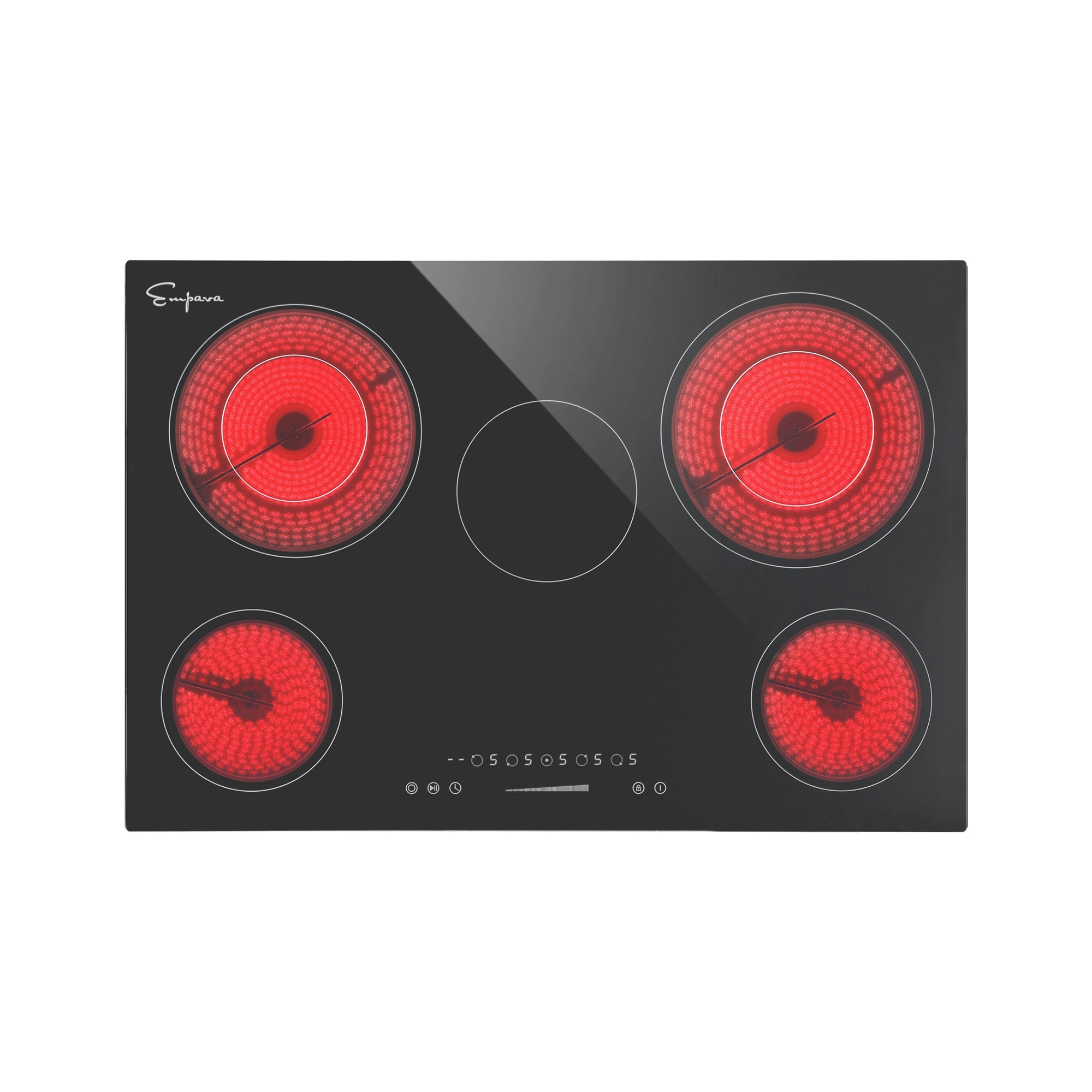Black electric radiant cooktop with four red glowing heating elements and touch controls