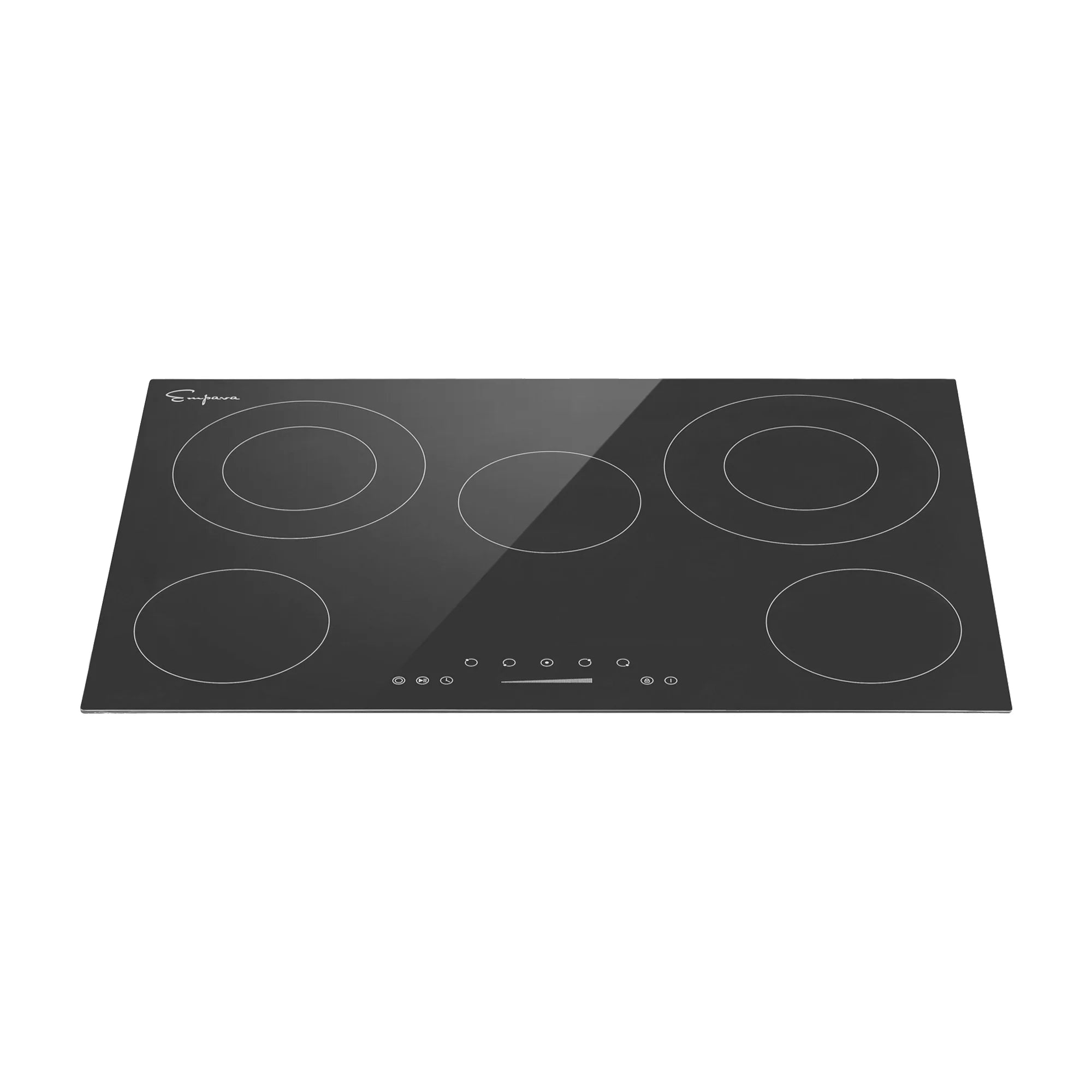 Black electric radiant cooktop with four circular heating zones and front touch control panel