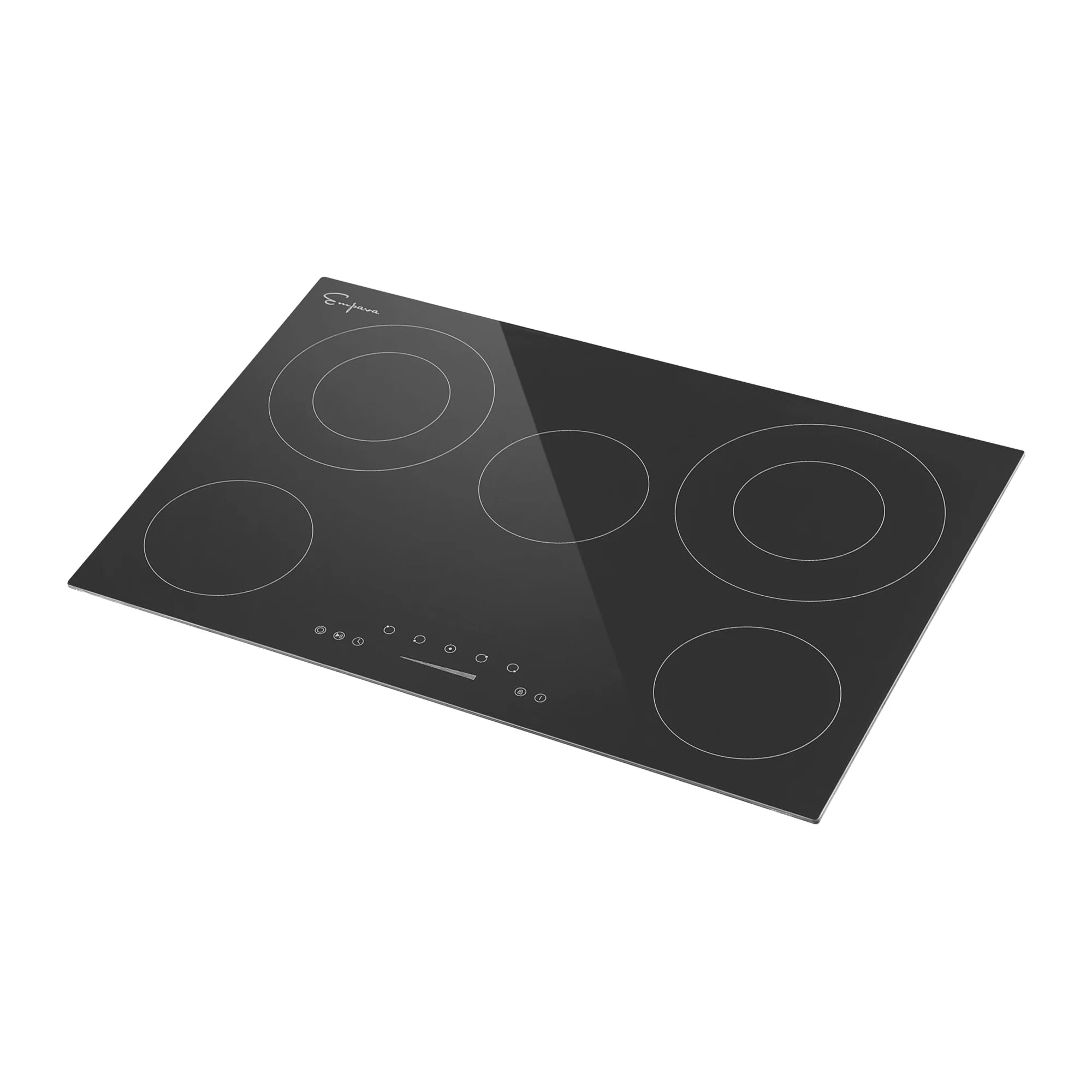 Black electric radiant cooktop angled view with four circular heating zones and touch controls