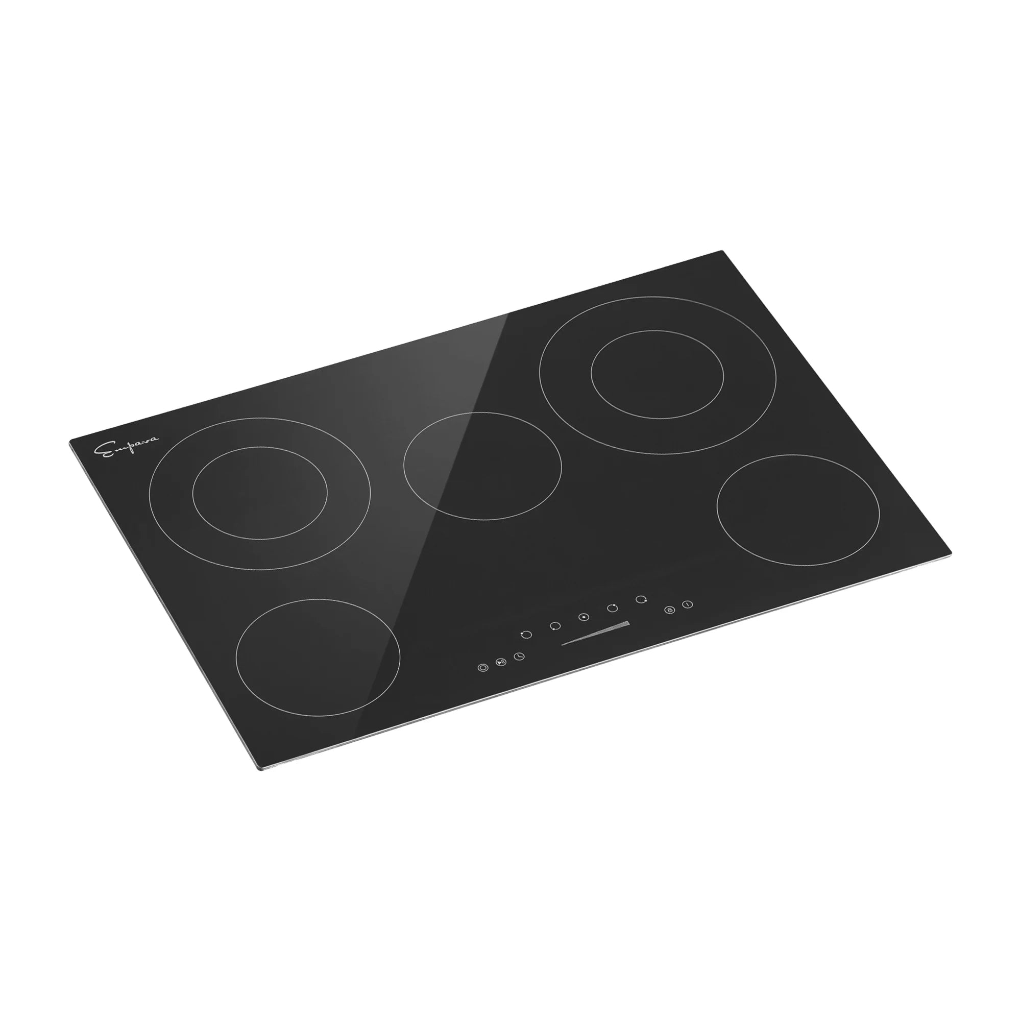Black electric radiant cooktop angled view with four circular heating zones and control icons