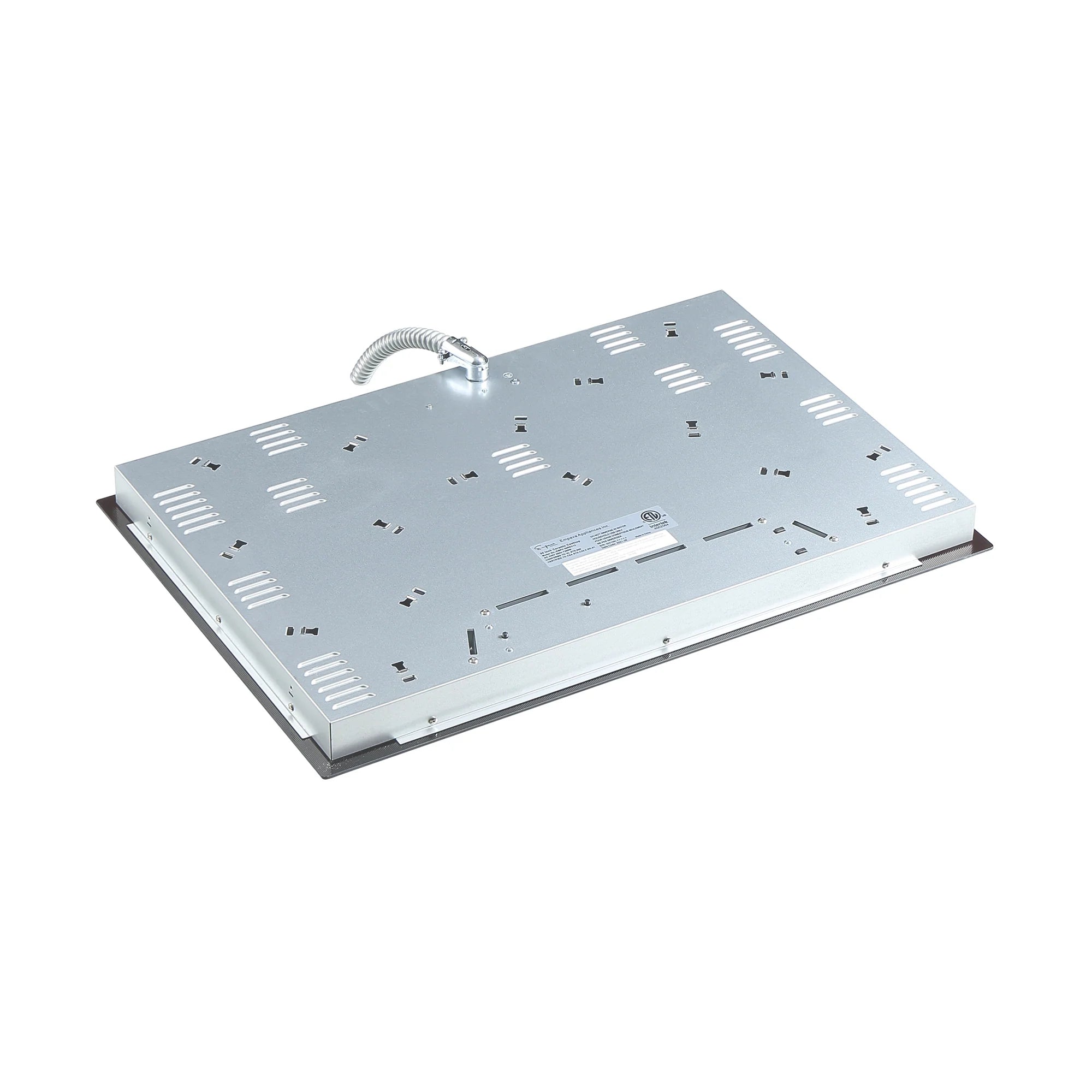 Electric radiant cooktop underside with metal base, terminals, and wiring connection