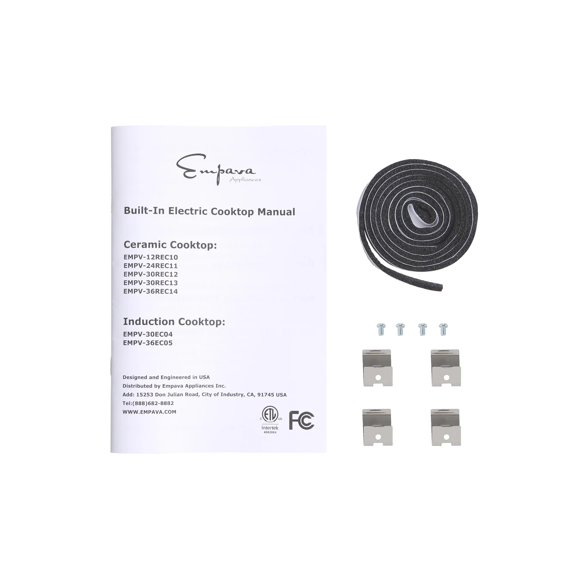 Cooktop package contents: user manual, single radiant coil, and mounting clips
