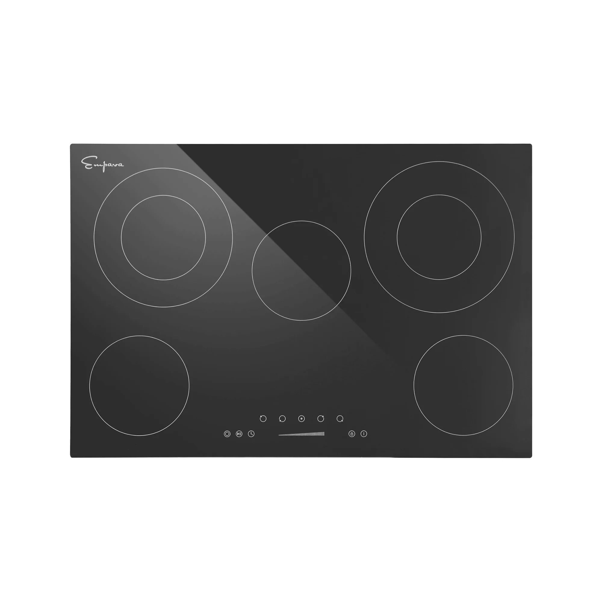Black electric radiant cooktop front view with four heating zones and touch control area
