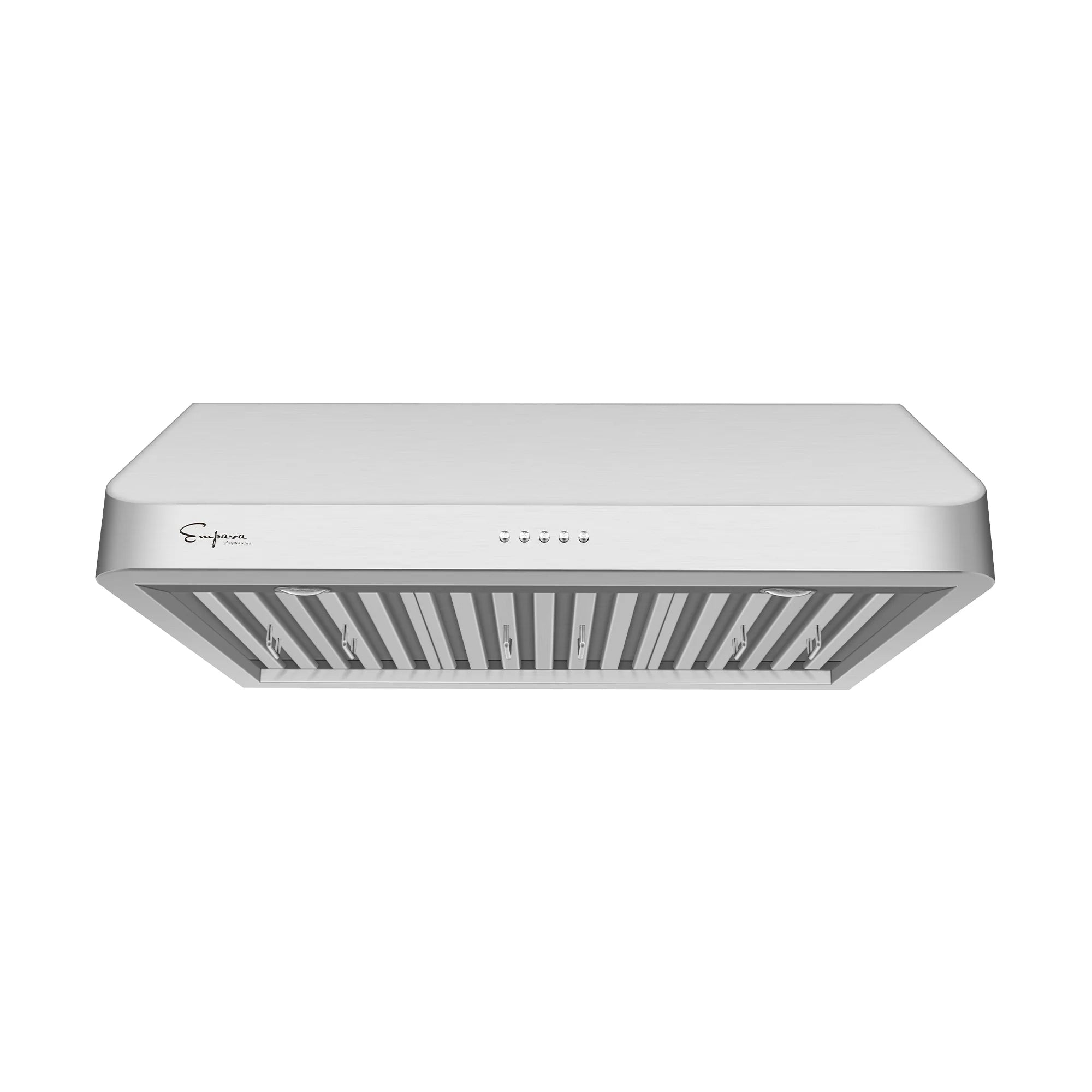 Ducted under-cabinet range hood in stainless steel with front vent grille